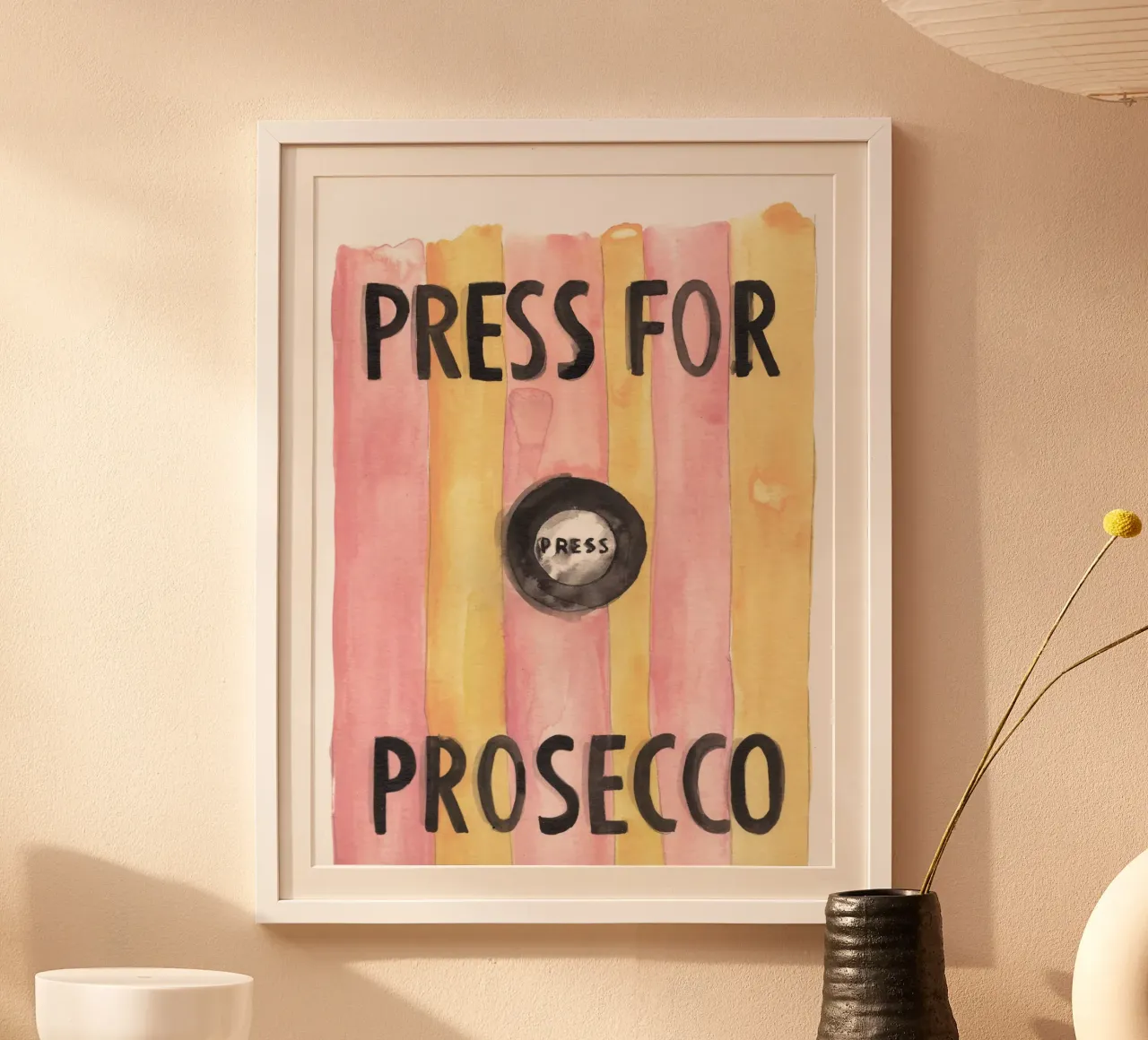 Press for Prosecco poster con telaio in plastica da Victoria Verbaan