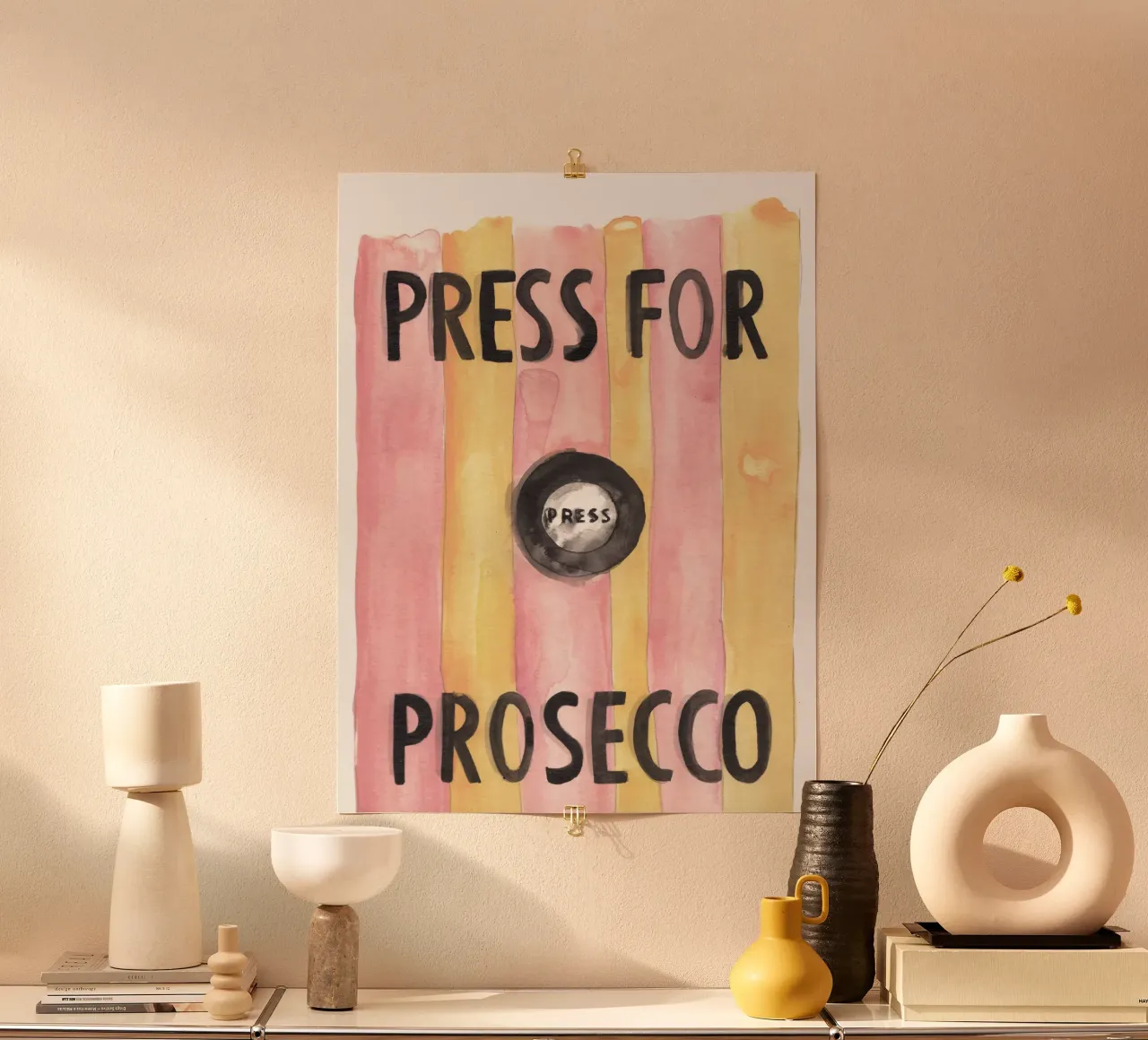 Press for Prosecco poster con telaio in plastica da Victoria Verbaan