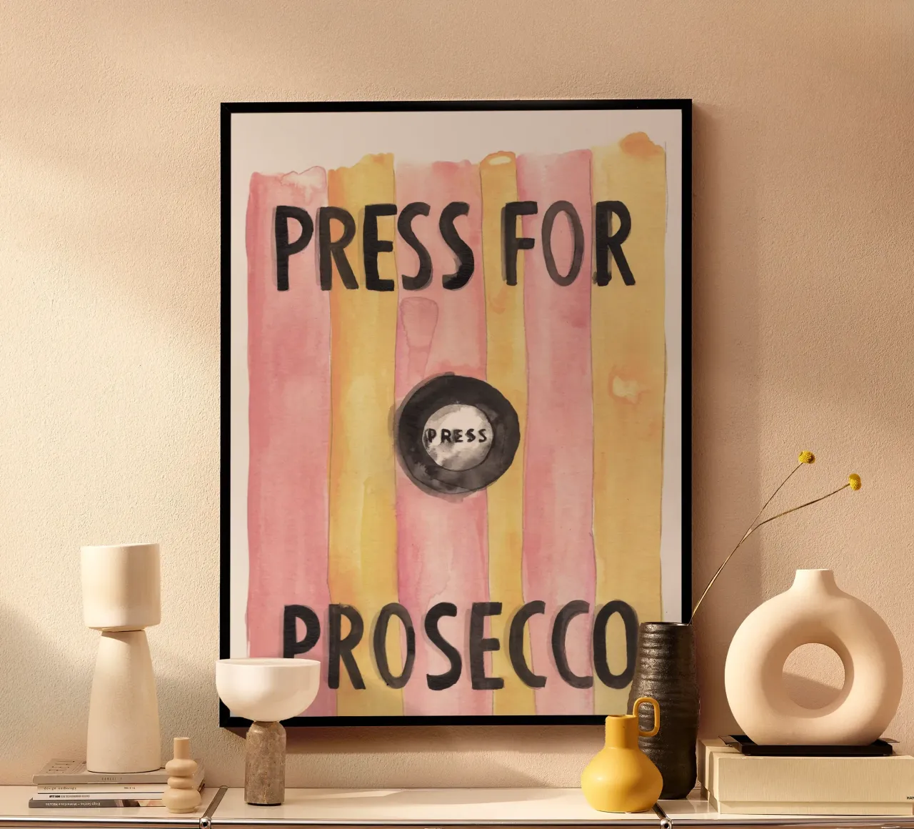 Press for Prosecco poster con telaio in plastica da Victoria Verbaan