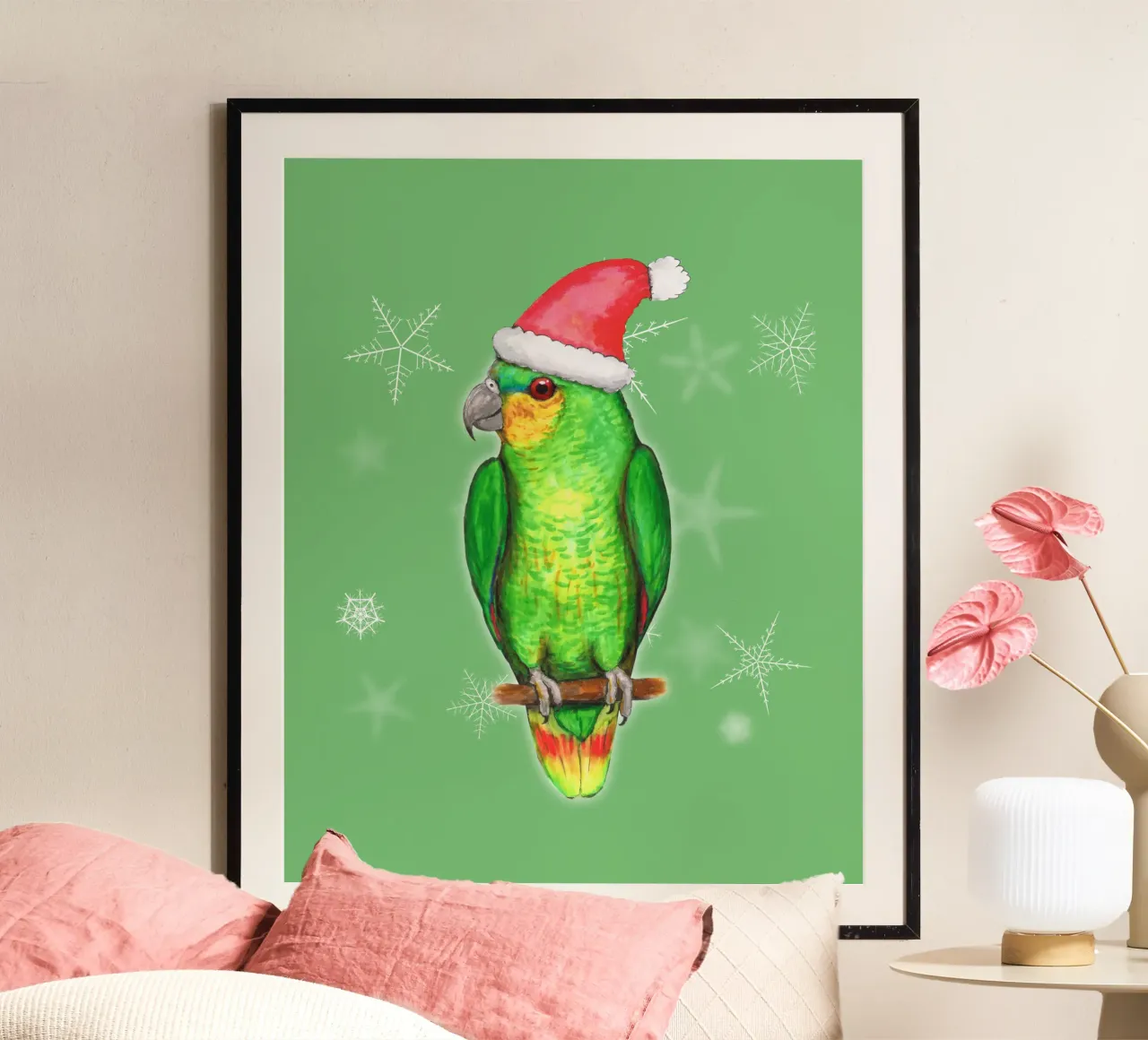 Pappagallo amazzone di Natale poster con telaio in plastica da BwiseLizzy