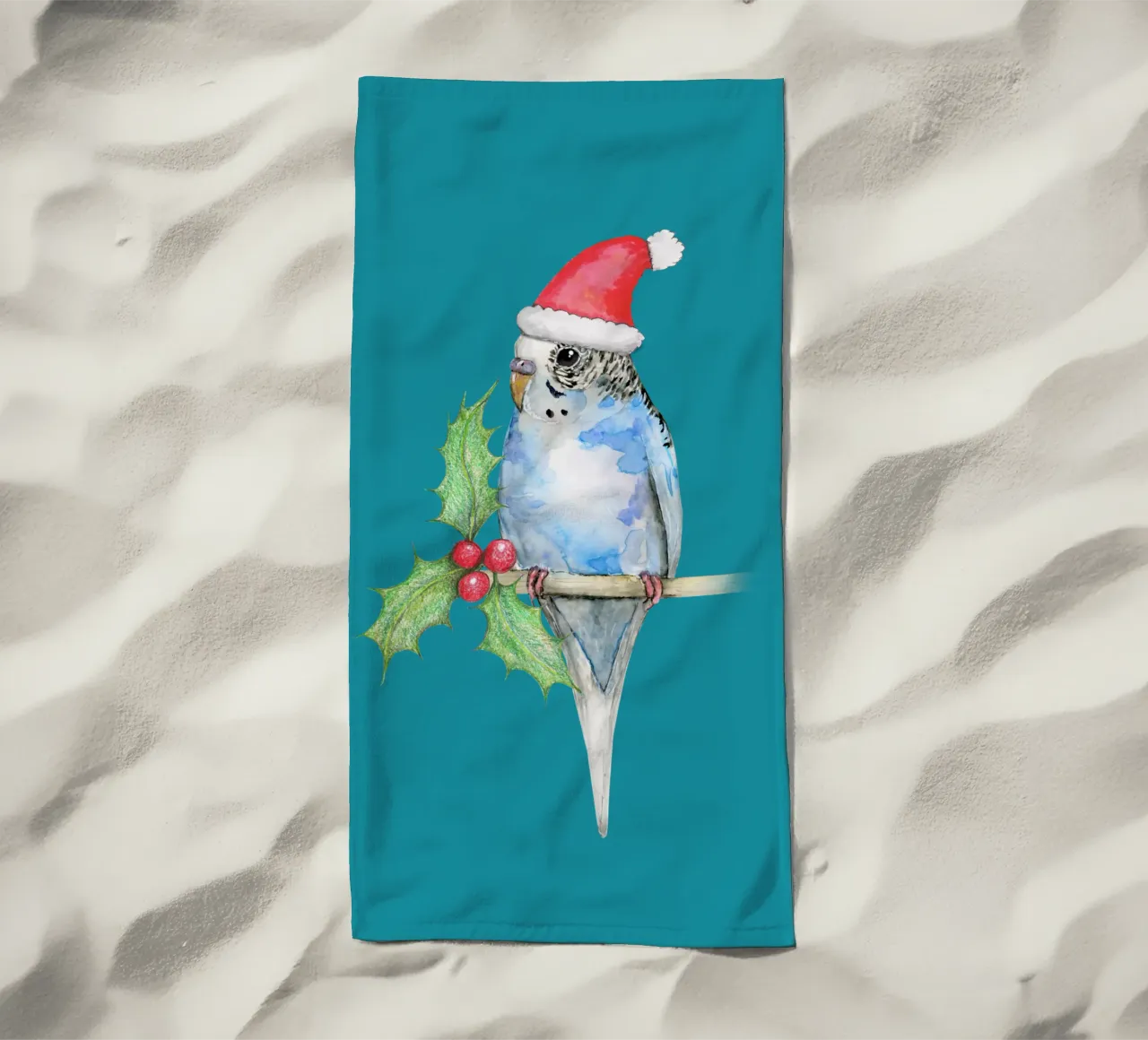 Pappagallino blu maculato in stile natalizio telo mare da BwiseLizzy