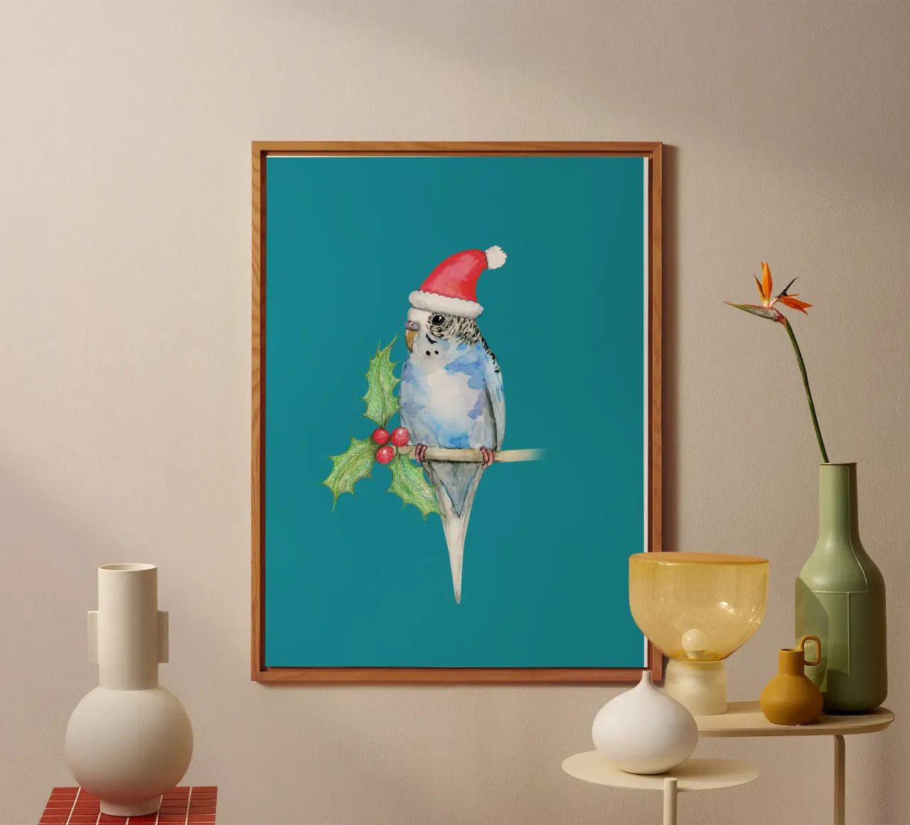 Pappagallino blu maculato in stile natalizio alluminio dibond da BwiseLizzy