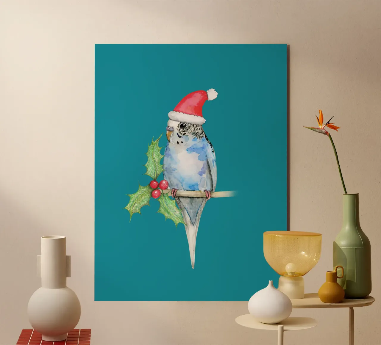 Pappagallino blu maculato in stile natalizio alluminio dibond da BwiseLizzy