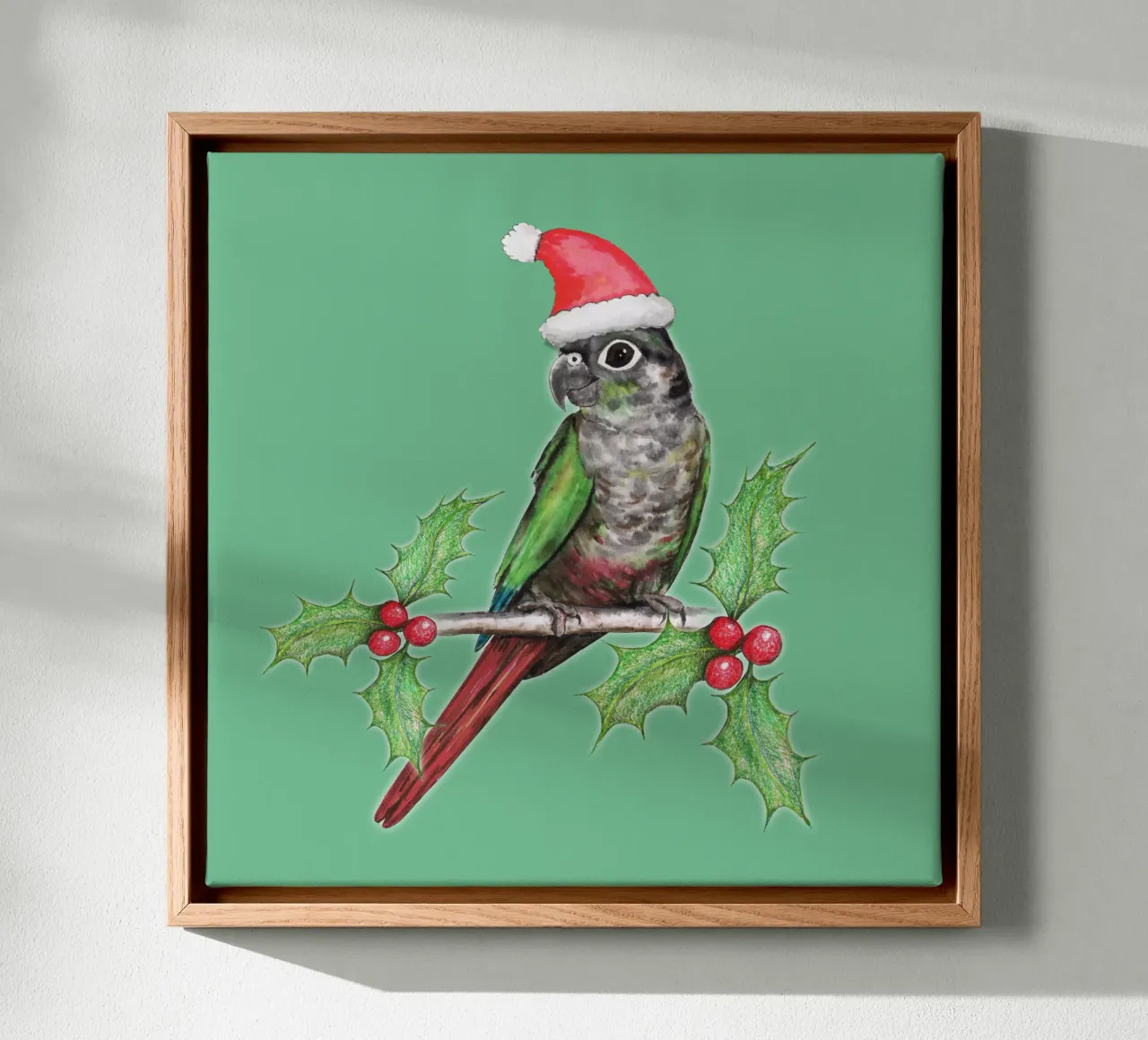 Conure de mejillas verdes de Navidad lienzo con Marco flotante de BwiseLizzy