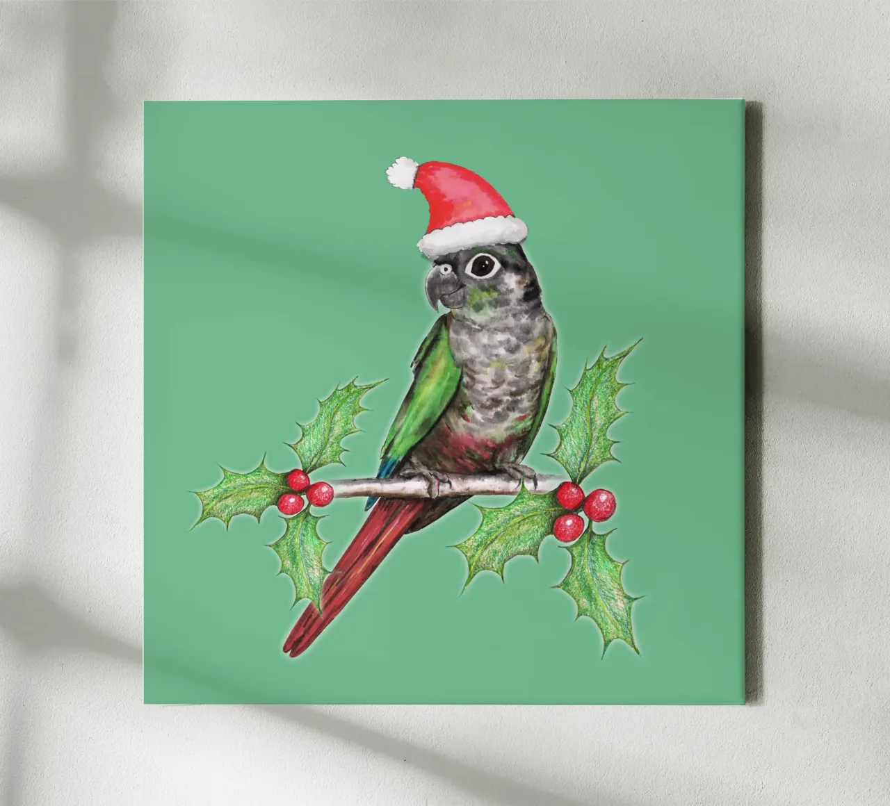 Conure de mejillas verdes de Navidad lienzo con Marco flotante de BwiseLizzy