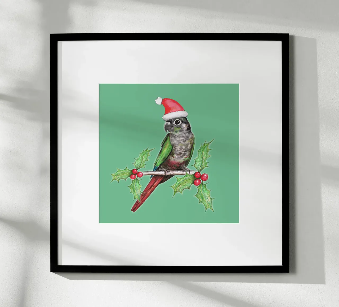 Conure de mejillas verdes de Navidad poster con marco de madera de BwiseLizzy