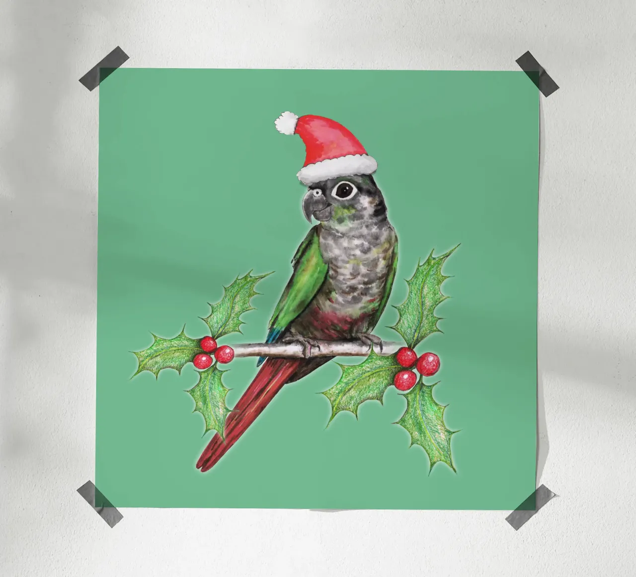 Conure de mejillas verdes de Navidad poster con marco de madera de BwiseLizzy