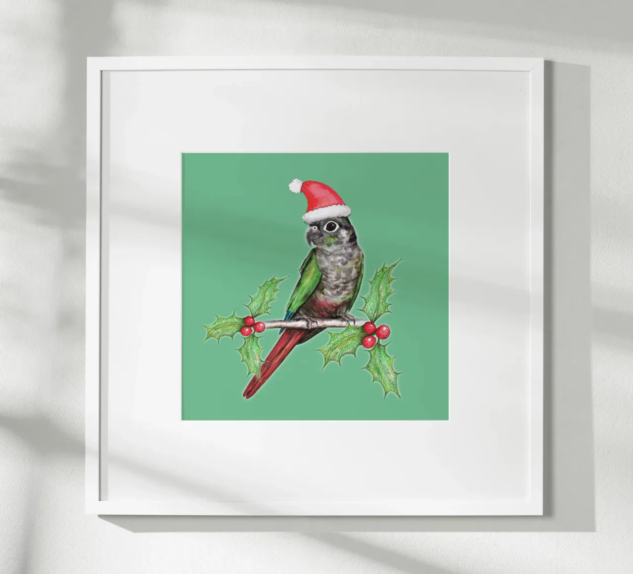 Conure de mejillas verdes de Navidad poster con marco de madera de BwiseLizzy