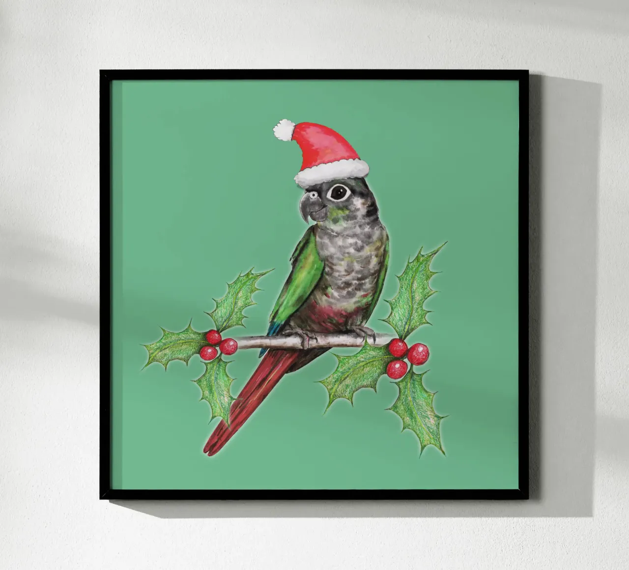 Conure de mejillas verdes de Navidad poster con marco de madera de BwiseLizzy