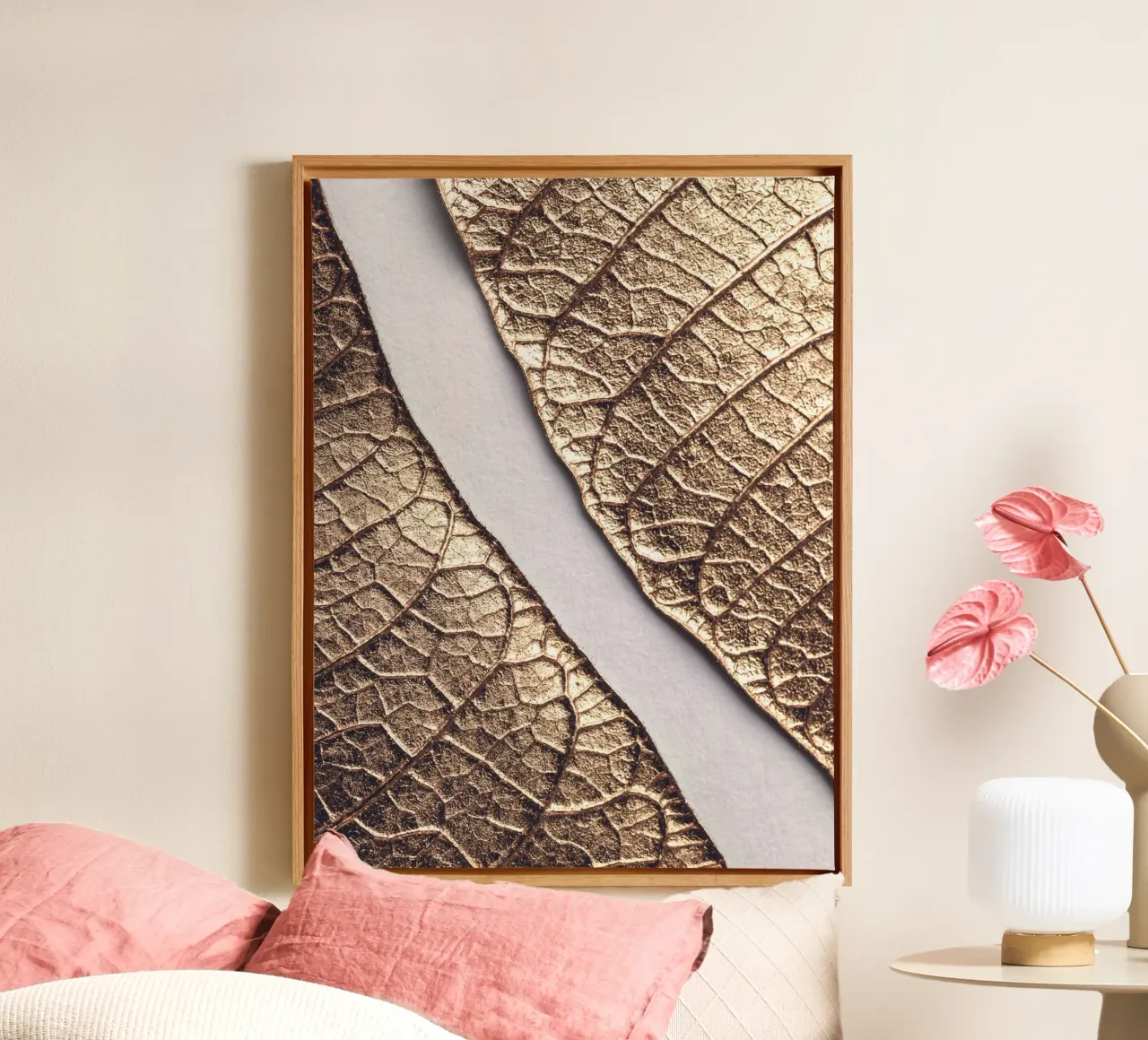 Golden leaf texture - nature in metallic look canvas with Floater frame by Whole©