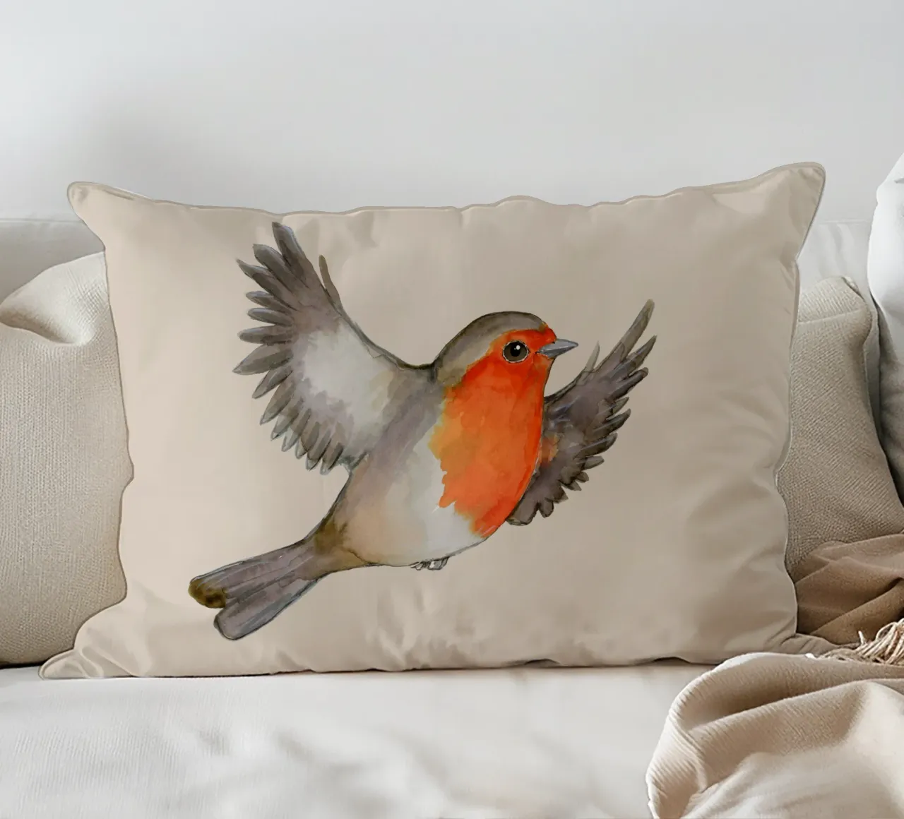 Disegno ad acquerello di un pettirosso in volo cuscino da BwiseLizzy