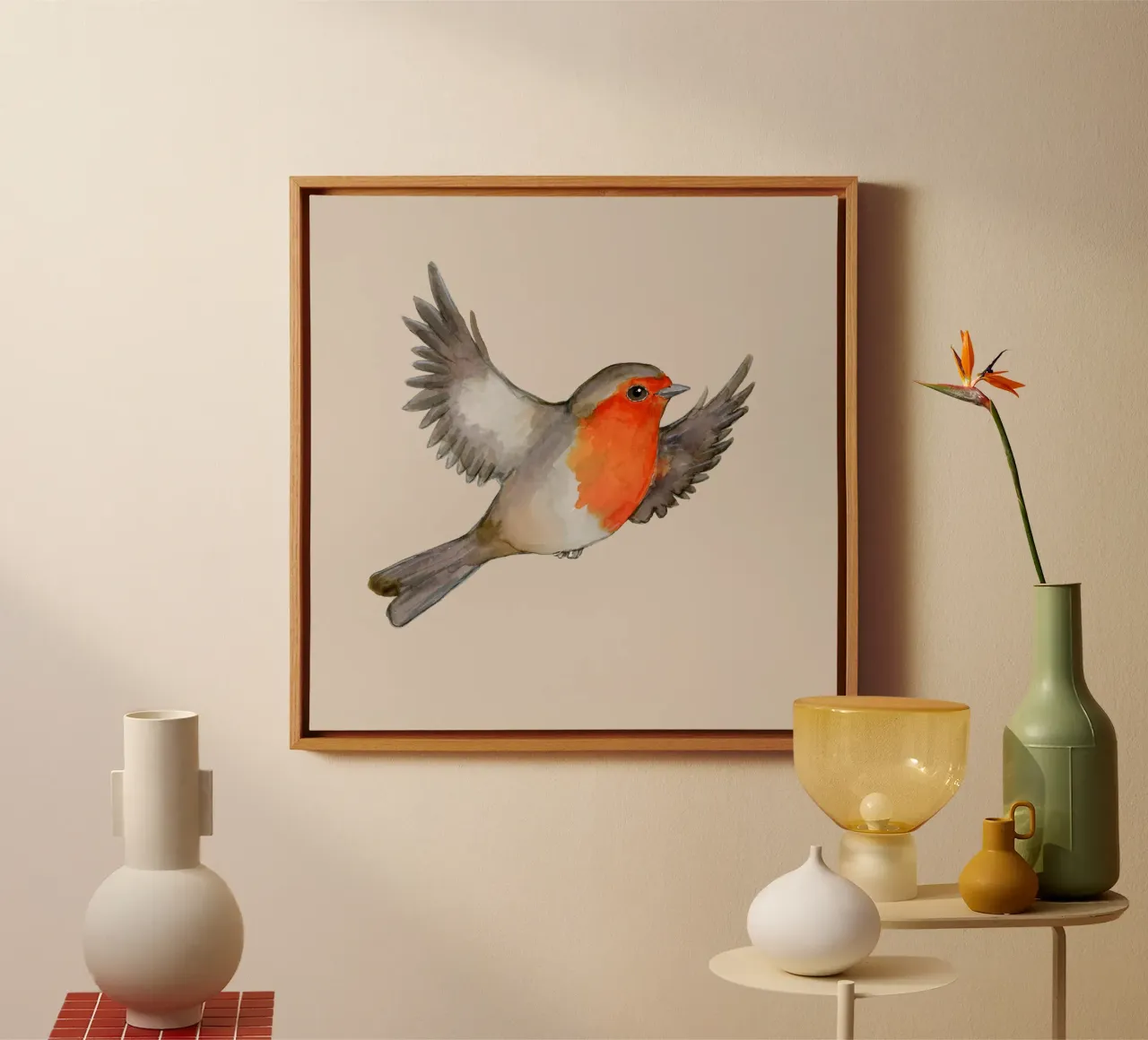 Eine Aquarellzeichnung eines fliegenden Rotkehlchens Leinwand mit Schattenfugenrahmen von BwiseLizzy
