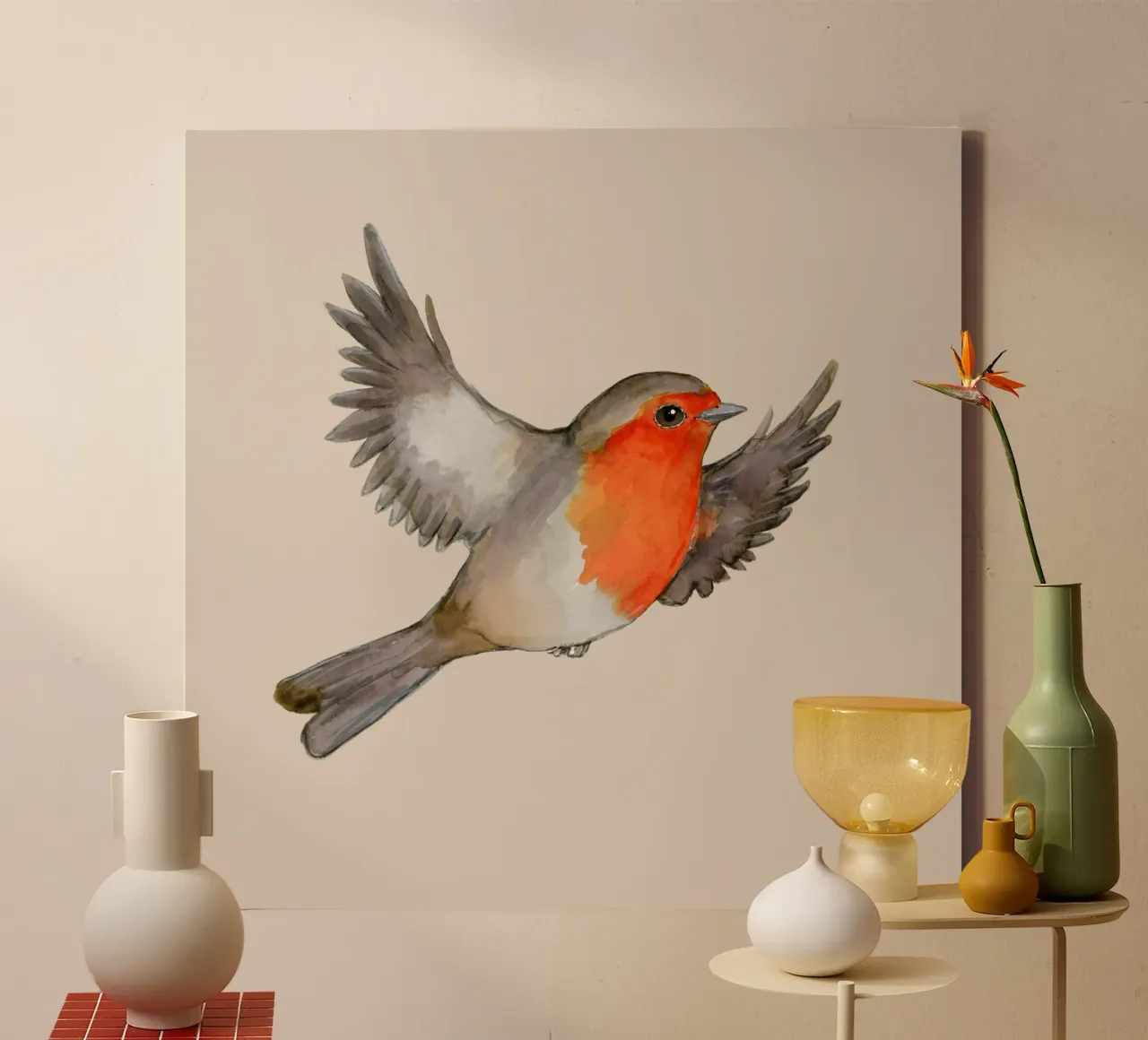 Eine Aquarellzeichnung eines fliegenden Rotkehlchens Leinwand mit Schattenfugenrahmen von BwiseLizzy