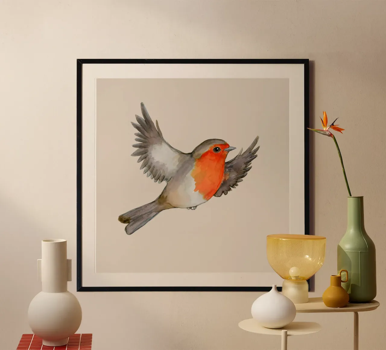 Disegno ad acquerello di un pettirosso in volo poster da BwiseLizzy