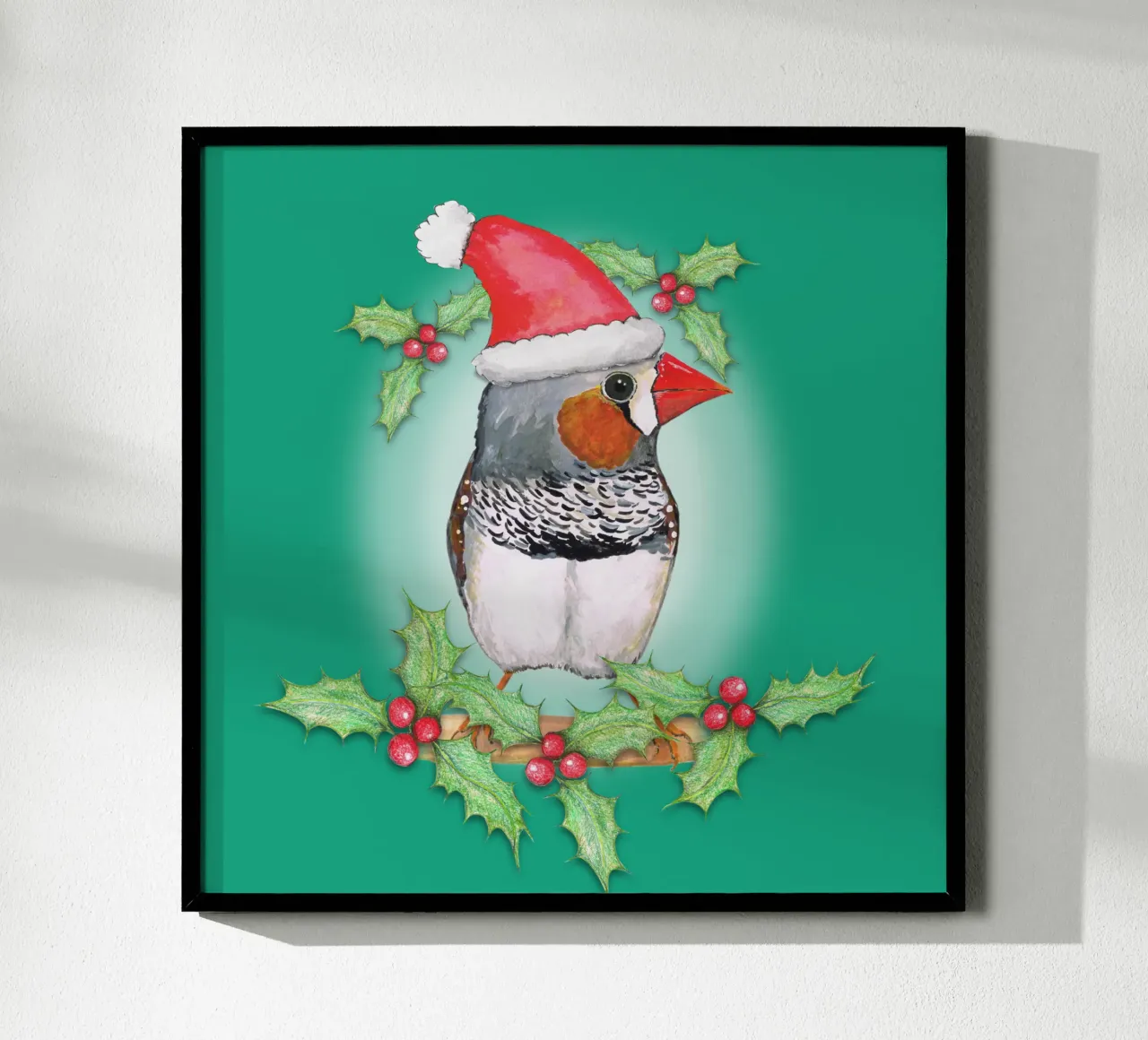 Fringuello zebrato stile natalizio poster con telaio in legno da BwiseLizzy