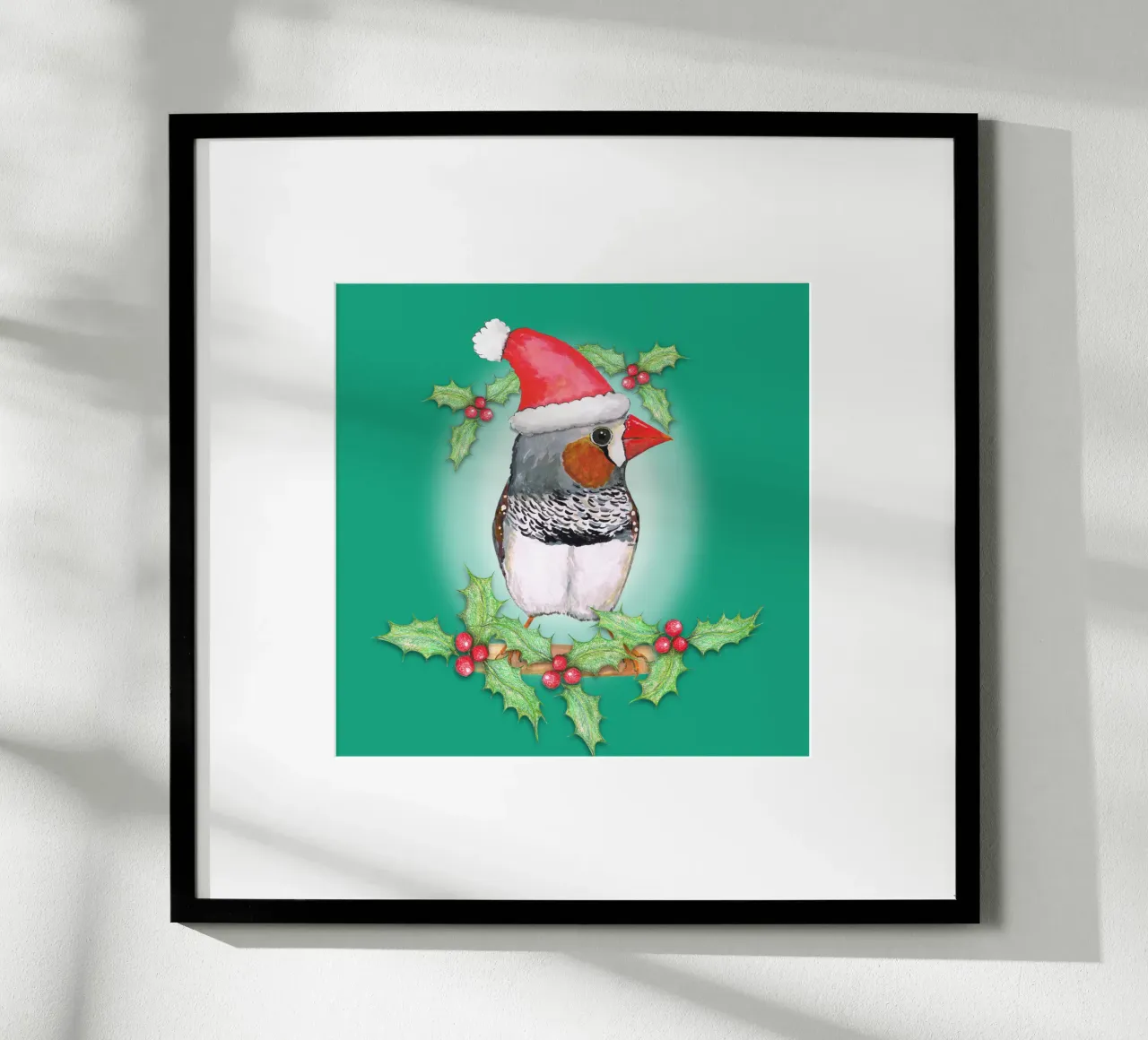 Fringuello zebrato stile natalizio poster con telaio in legno da BwiseLizzy