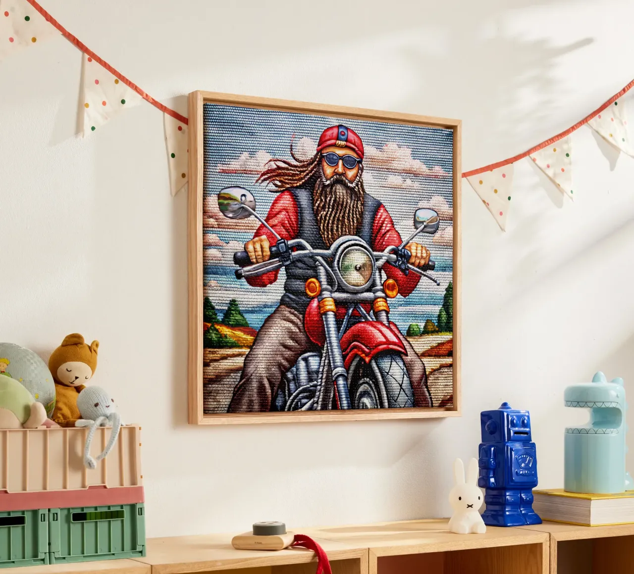 Überraschen Sie Biker-Väter mit dem perfekten Geschenk: Motorrad-Stolz Leinwand mit Schattenfugenrahmen von Jester Krew Art