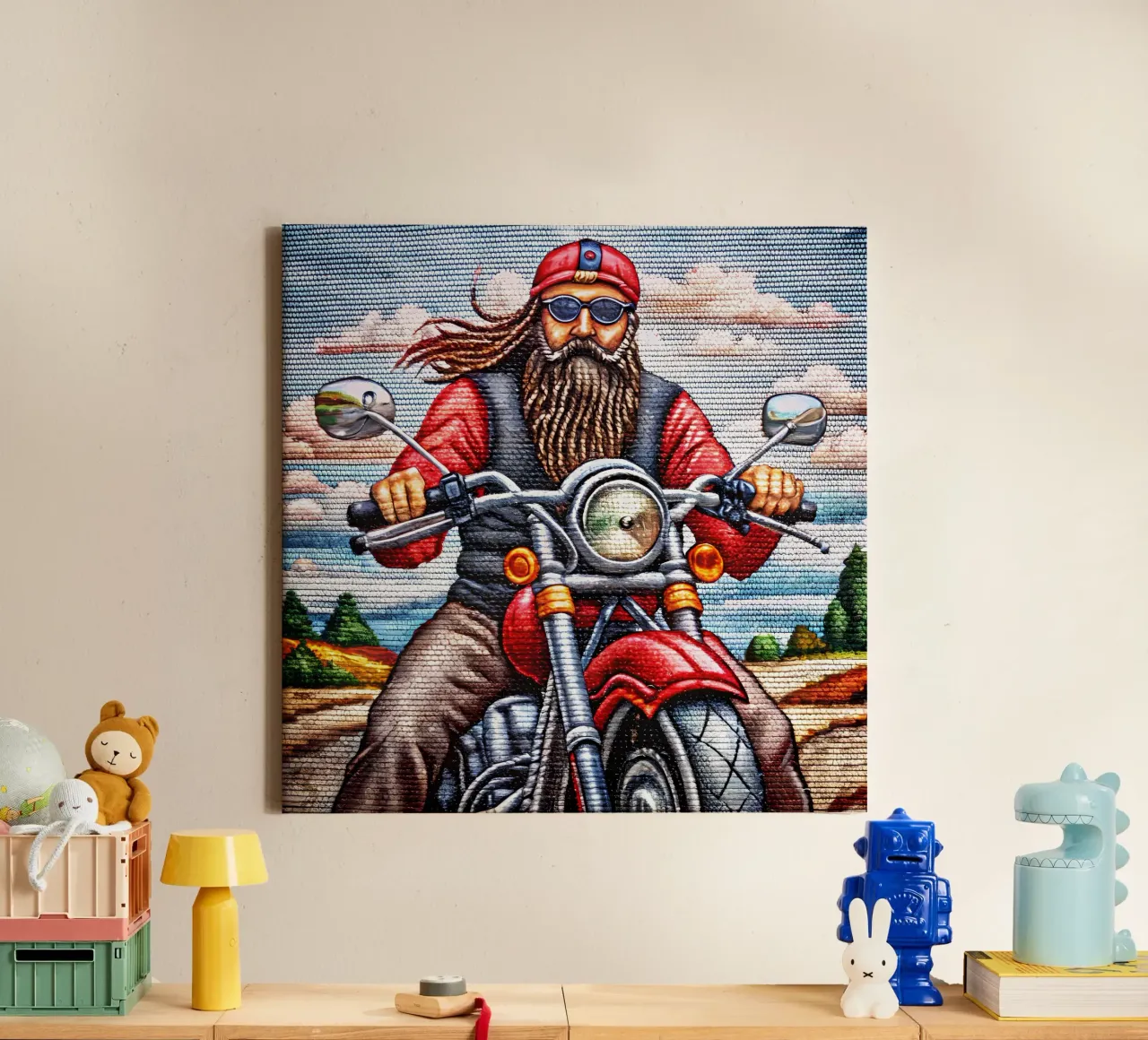 Überraschen Sie Biker-Väter mit dem perfekten Geschenk: Motorrad-Stolz Leinwand mit Schattenfugenrahmen von Jester Krew Art
