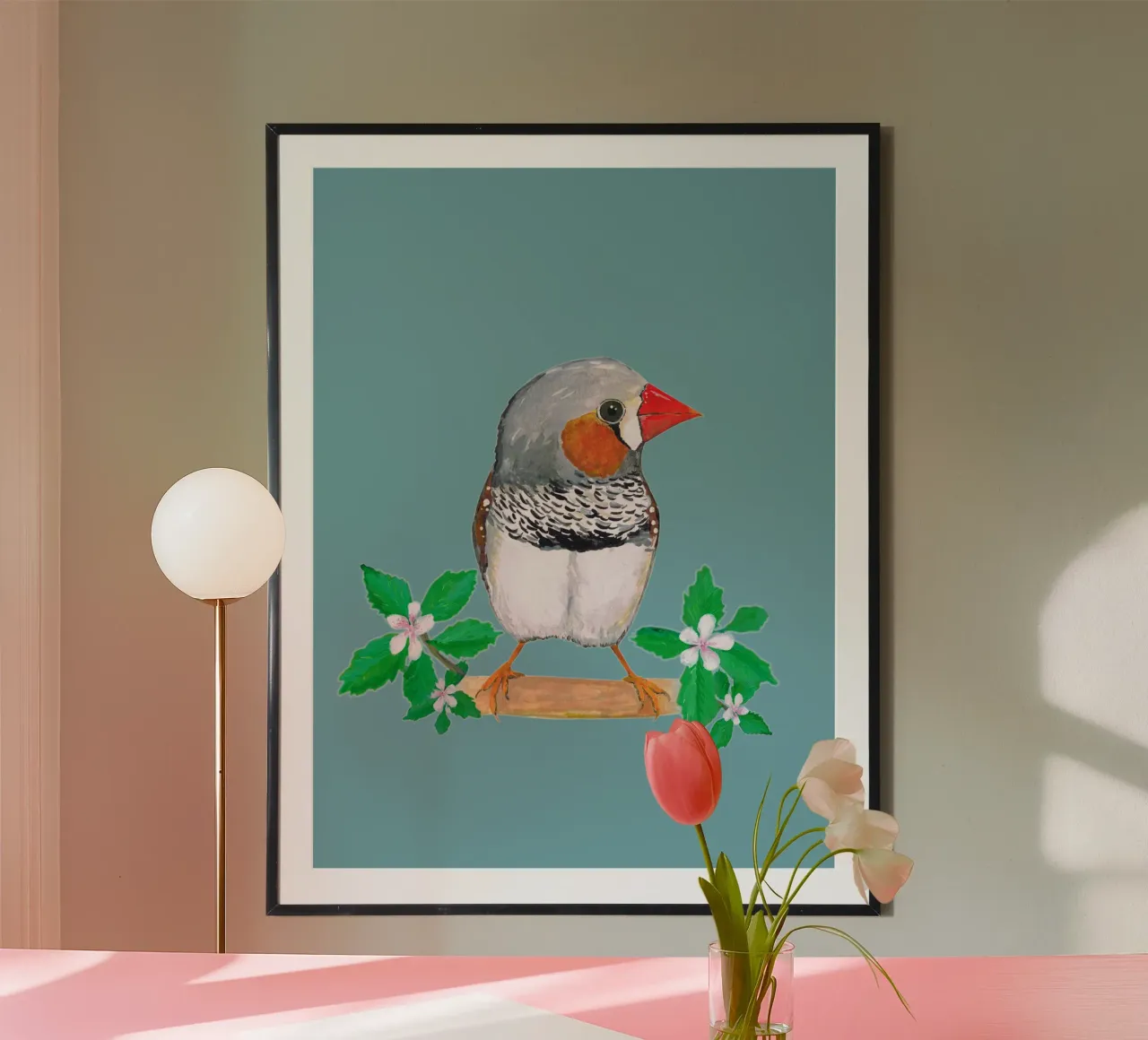 Fringuello zebrato con fiore carta hahnemühle da BwiseLizzy
