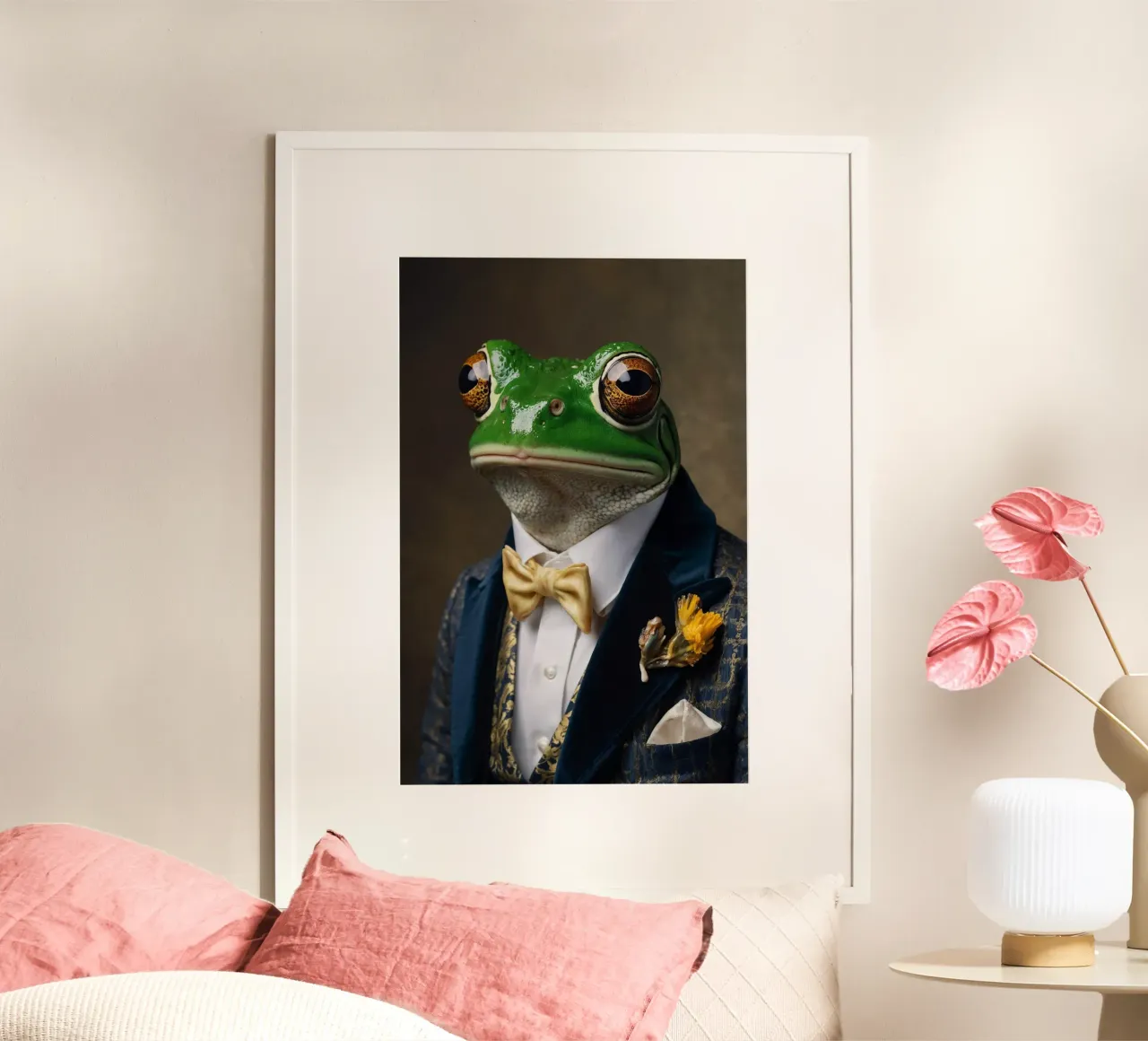 Sir Leopold Ribbitson - Il ritratto della nobile rana poster con telaio in alluminio da Beasts of Nobility