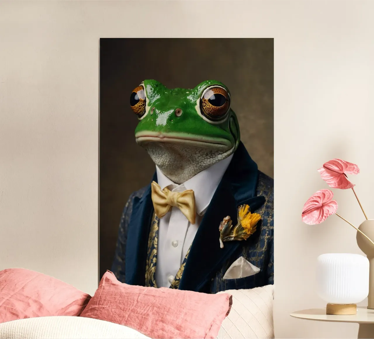 Sir Leopold Ribbitson - Il ritratto della nobile rana poster con telaio in alluminio da Beasts of Nobility
