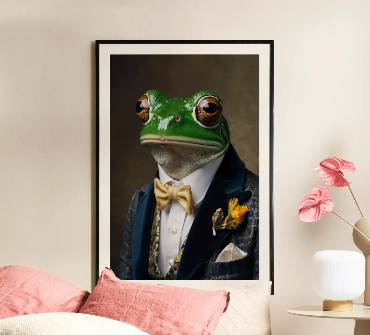 Sir Leopold Ribbitson - Il ritratto della nobile rana poster con telaio in alluminio da Beasts of Nobility