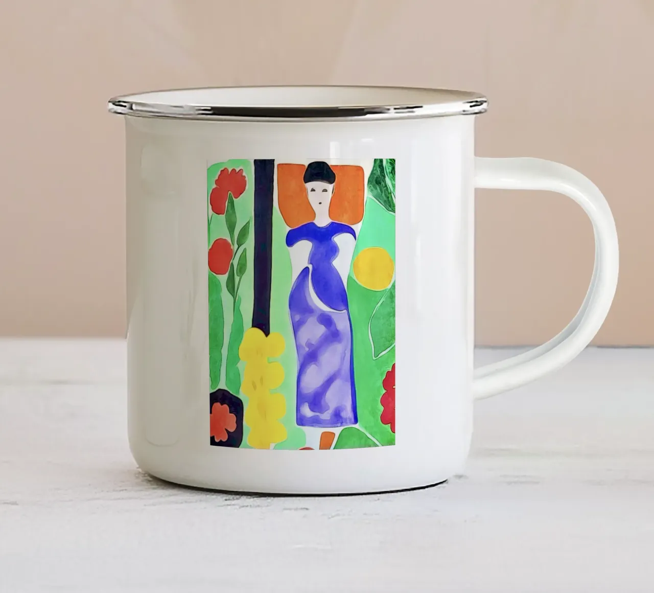 Vrouw in de bloementuin emaille mok van ZAMART
