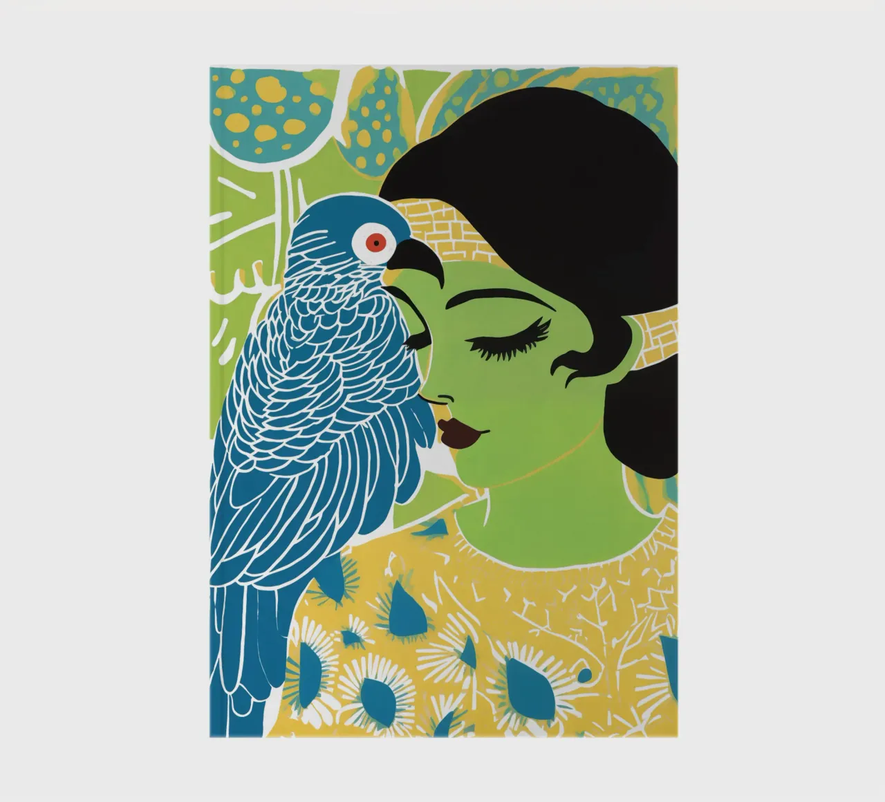 Mujer verde con cacatúa azul | Surrealismo tropical cuaderno de Autofocus