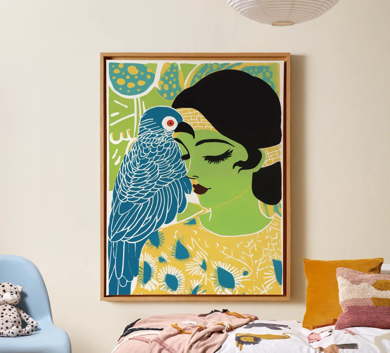 Groene vrouw met blauwe kaketoe | Tropisch surrealisme canvas met Baklijst van Autofocus