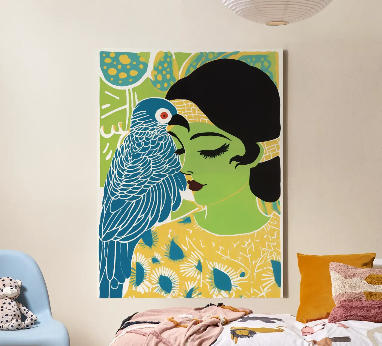 Groene vrouw met blauwe kaketoe | Tropisch surrealisme canvas met Baklijst van Autofocus