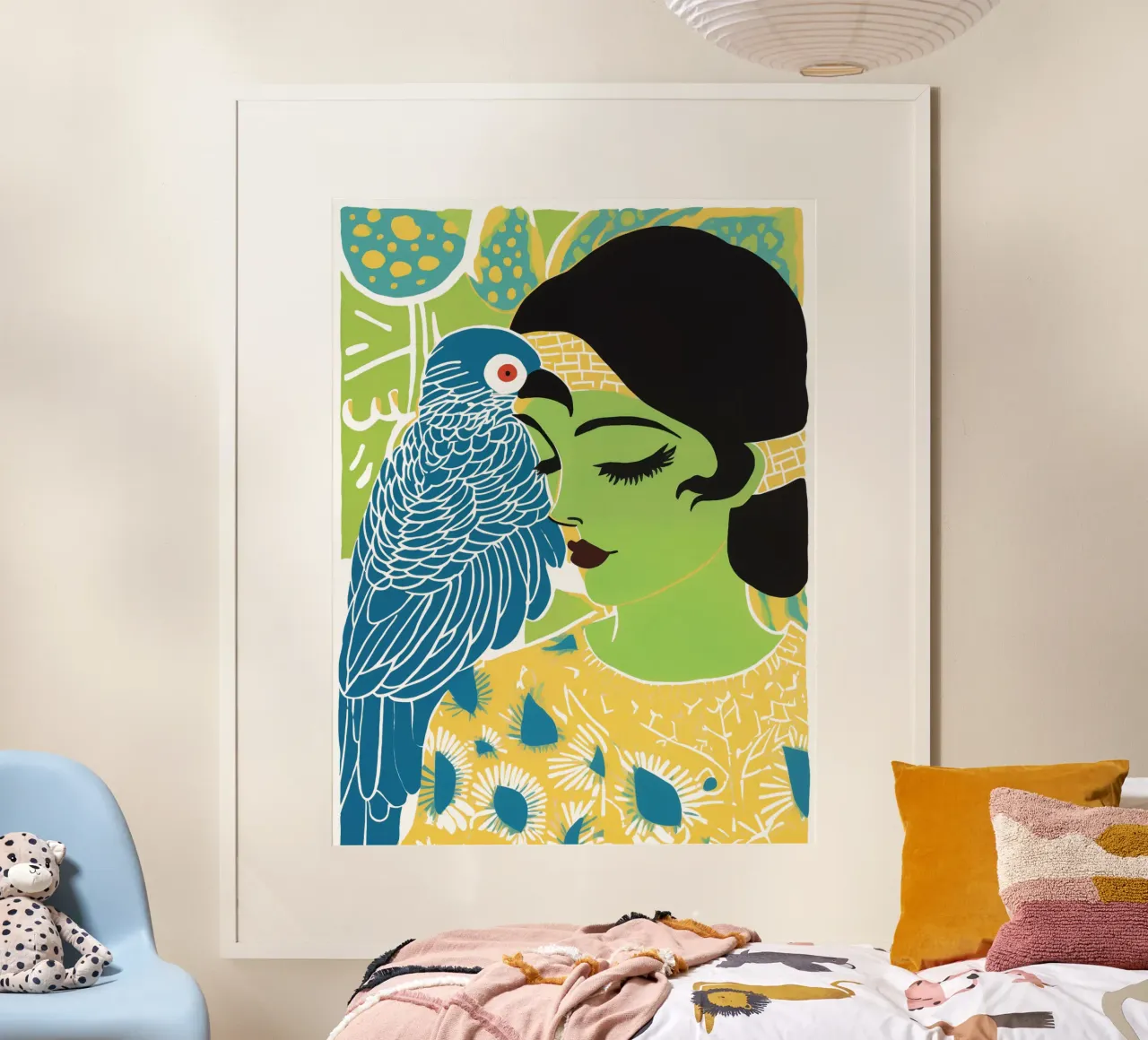 Donna verde con cacatua blu | Surrealismo tropicale poster con telaio in legno da Autofocus