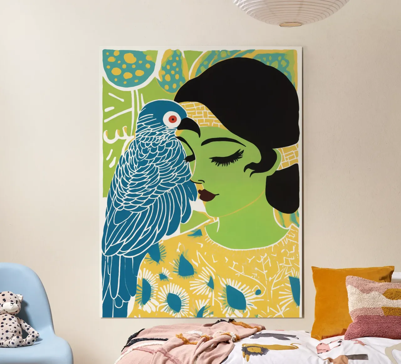Donna verde con cacatua blu | Surrealismo tropicale poster con telaio in legno da Autofocus