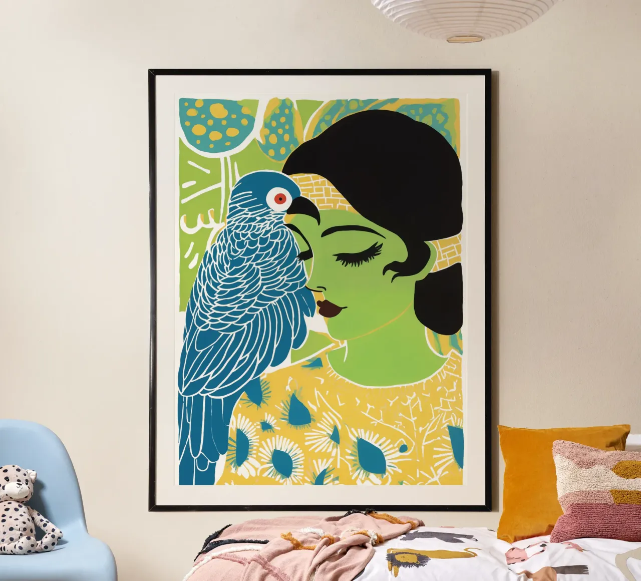 Donna verde con cacatua blu | Surrealismo tropicale poster con telaio in legno da Autofocus