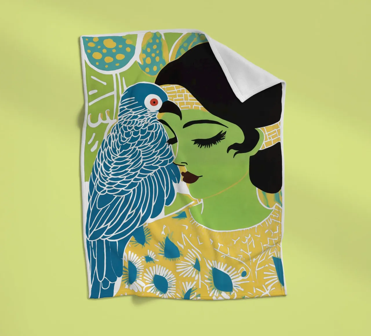 Donna verde con cacatua blu | Surrealismo tropicale coperta in pile da Autofocus