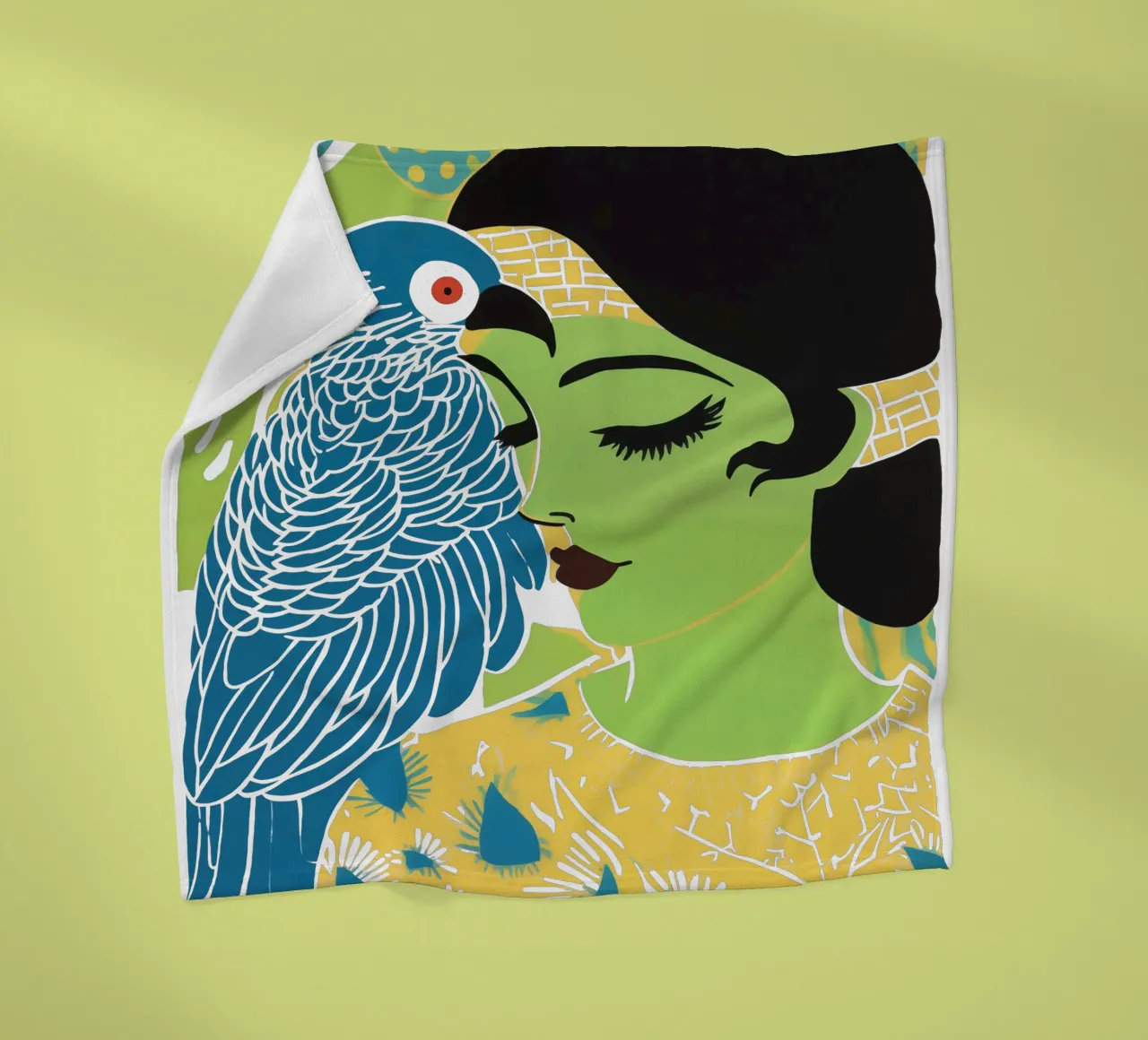 Donna verde con cacatua blu | Surrealismo tropicale coperta in pile da Autofocus