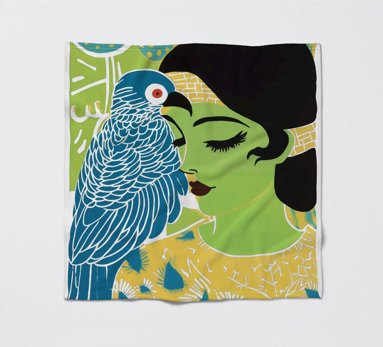 Donna verde con cacatua blu | Surrealismo tropicale coperta in pile da Autofocus