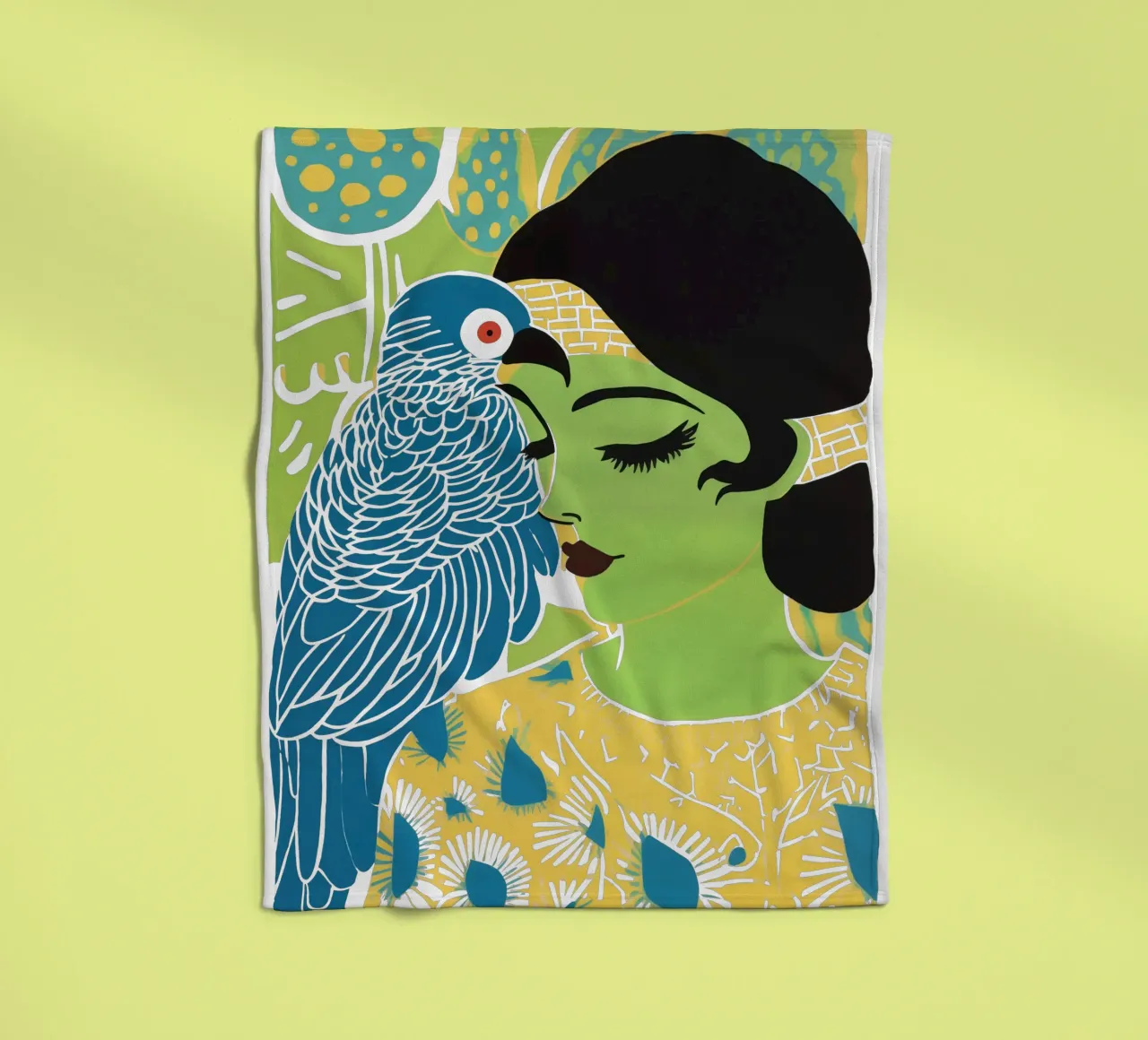 Donna verde con cacatua blu | Surrealismo tropicale coperta in pile da Autofocus