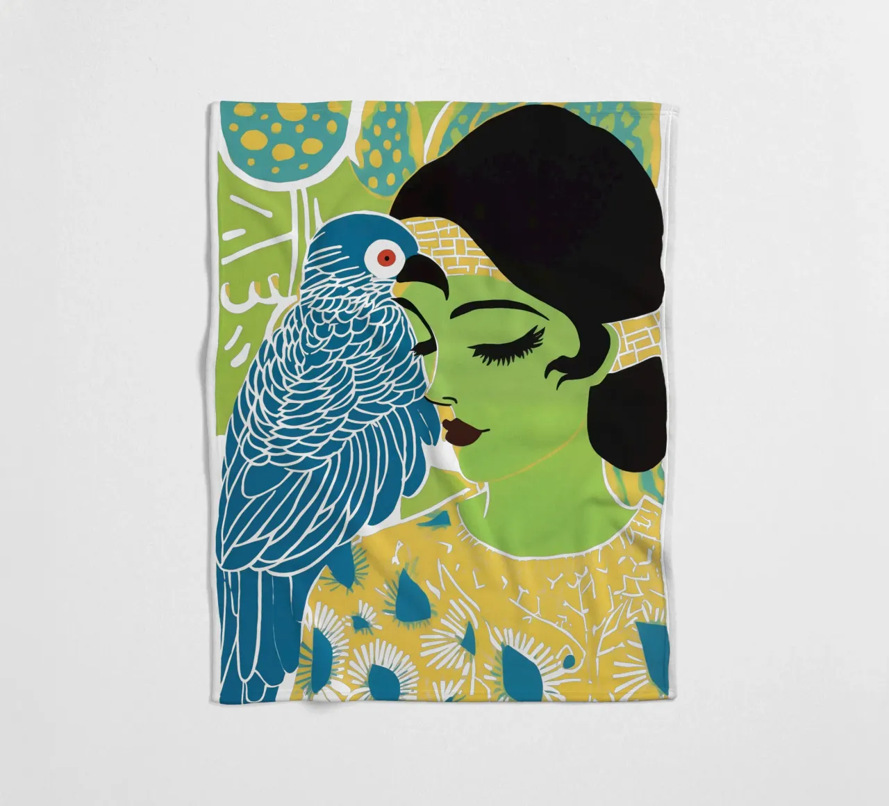 Donna verde con cacatua blu | Surrealismo tropicale coperta in pile da Autofocus
