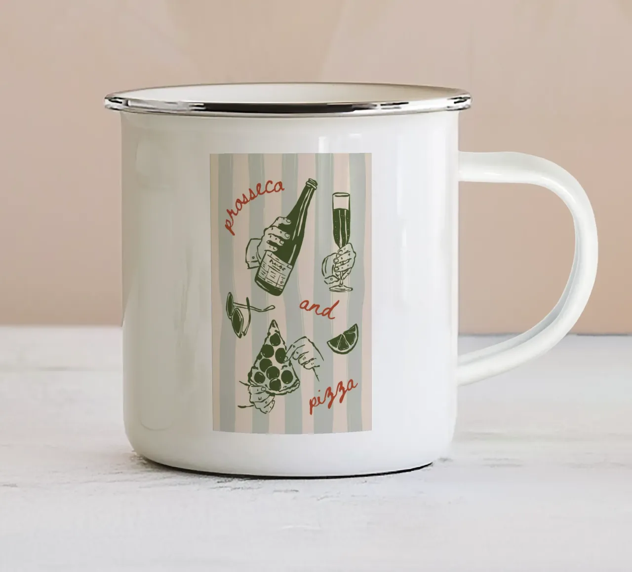 Boho Vacation 11 Prosecco and Pizza tazza in smalto da Boho Print Collection