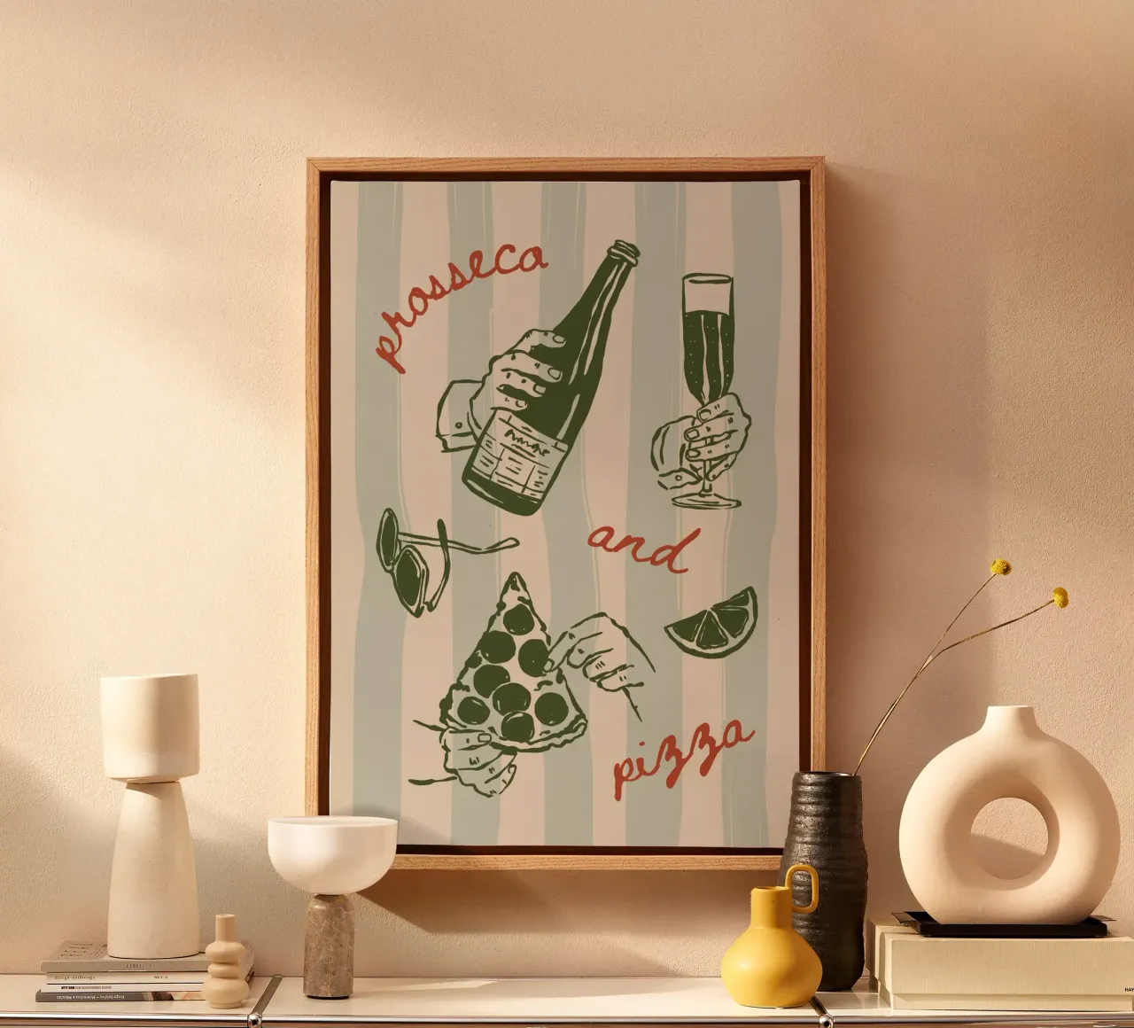 Boho Vacation 11 Prosecco and Pizza canvas with Floater frame by Boho Print Collection