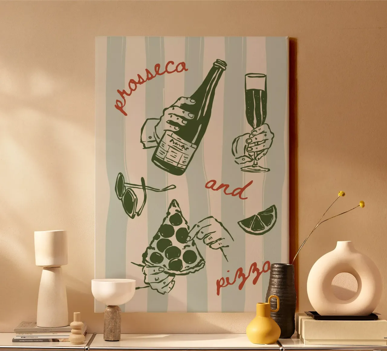 Boho Vacation 11 Prosecco and Pizza canvas with Floater frame by Boho Print Collection