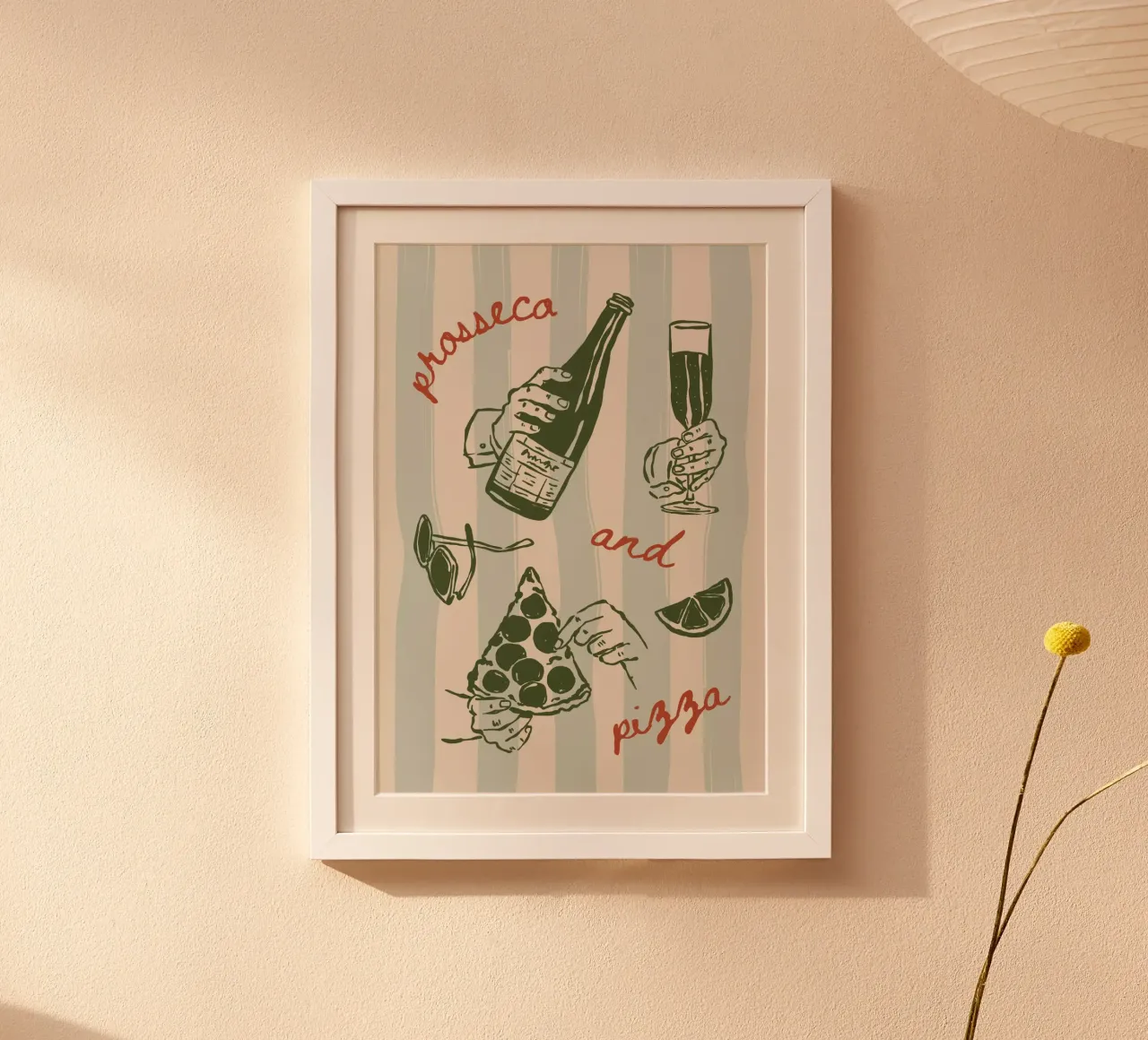 Boho Vacation 11 Prosecco and Pizza poster con telaio in legno da Boho Print Collection