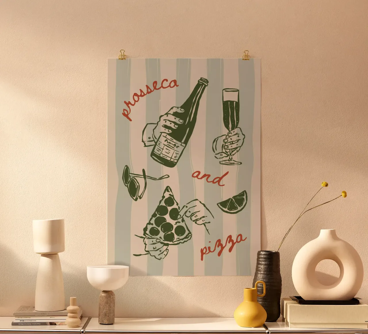 Boho Vacation 11 Prosecco and Pizza poster con telaio in legno da Boho Print Collection