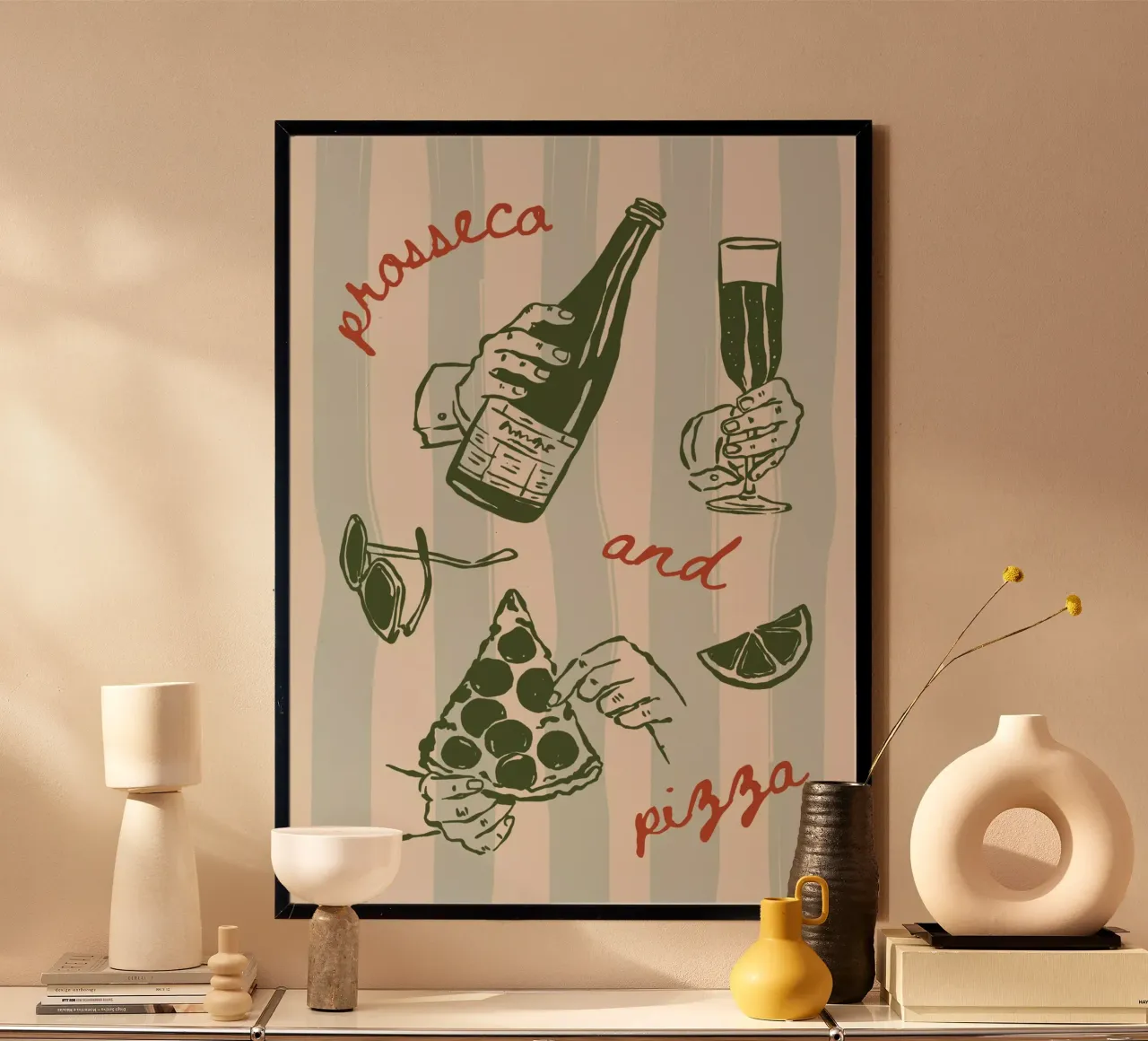 Boho Vacation 11 Prosecco and Pizza poster con telaio in legno da Boho Print Collection