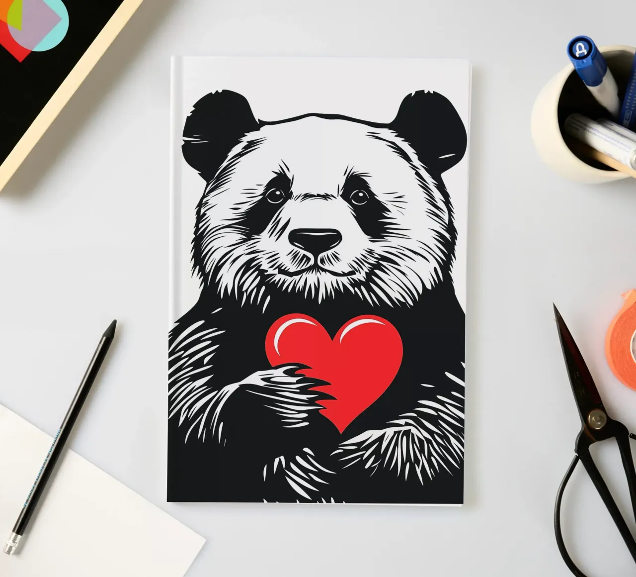 Black and white panda with red heart notebook by Autofocus