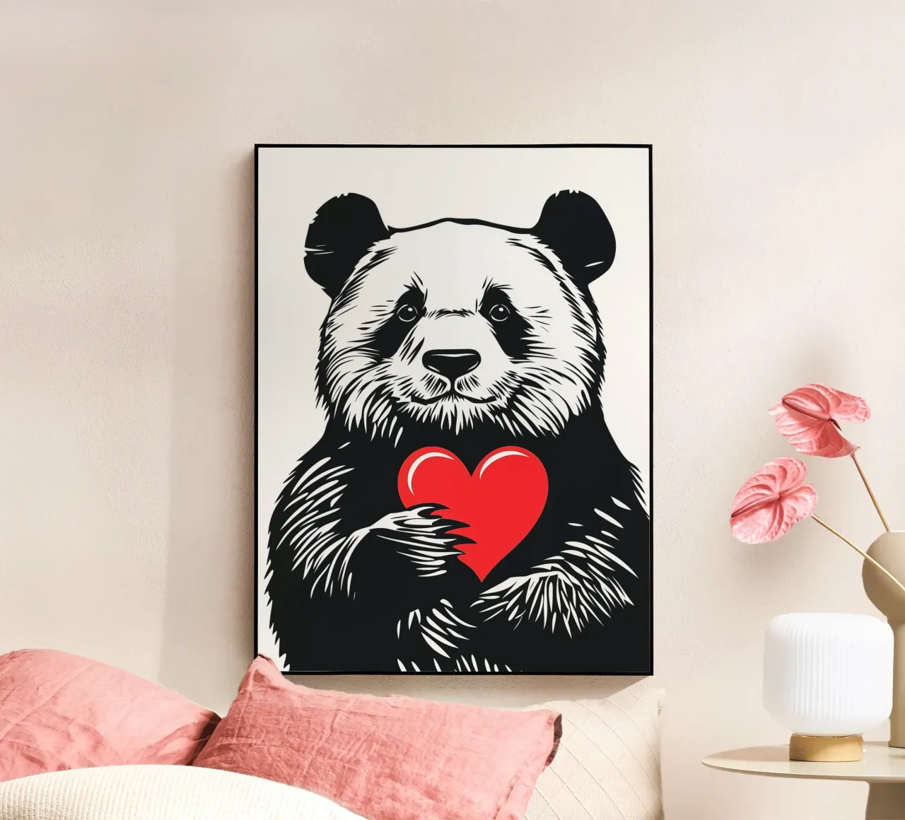 Panda bianco e nero con cuore rosso plexiglass da Autofocus