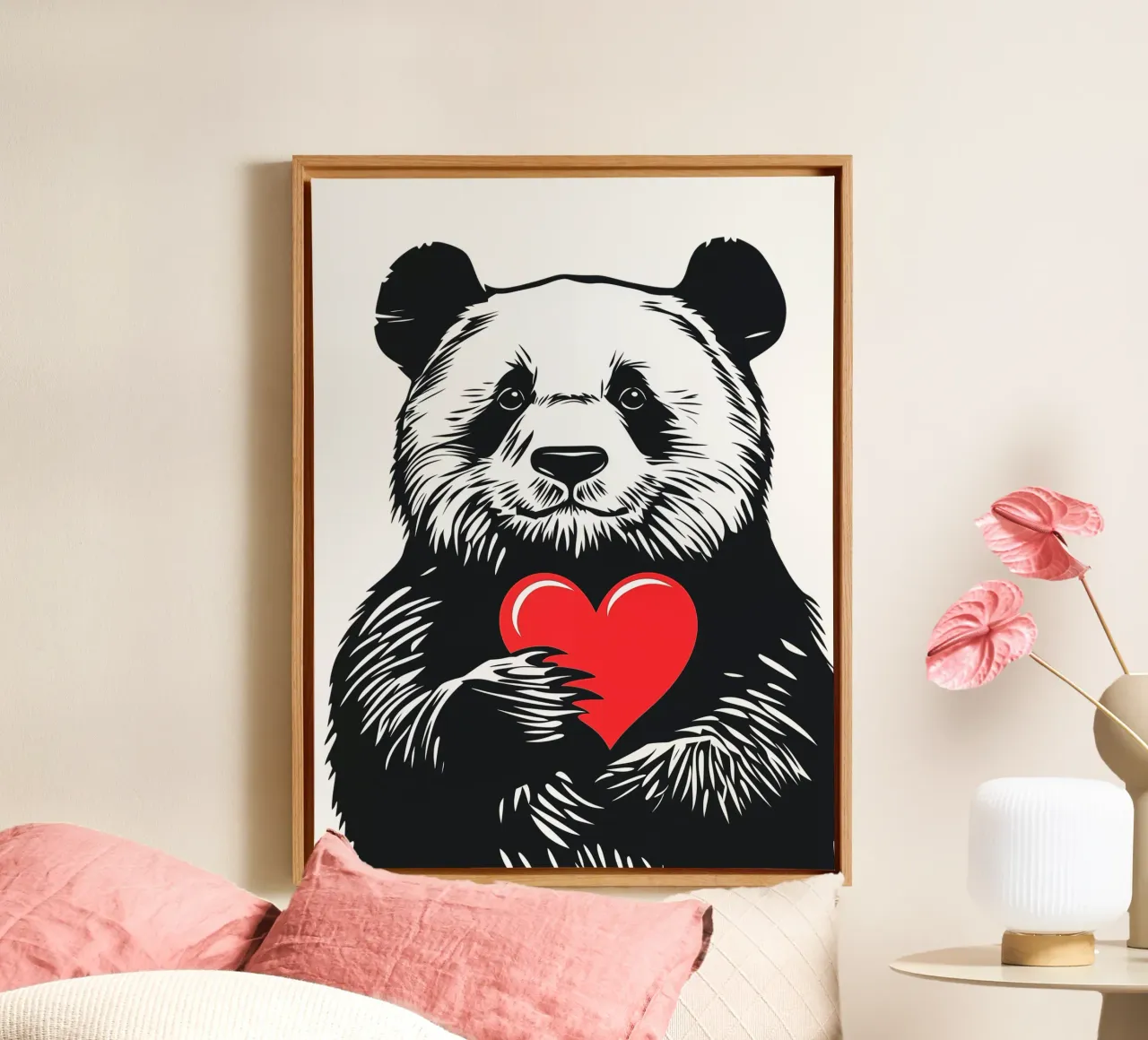 Panda bianco e nero con cuore rosso tela con Cornice a cassetta da Autofocus