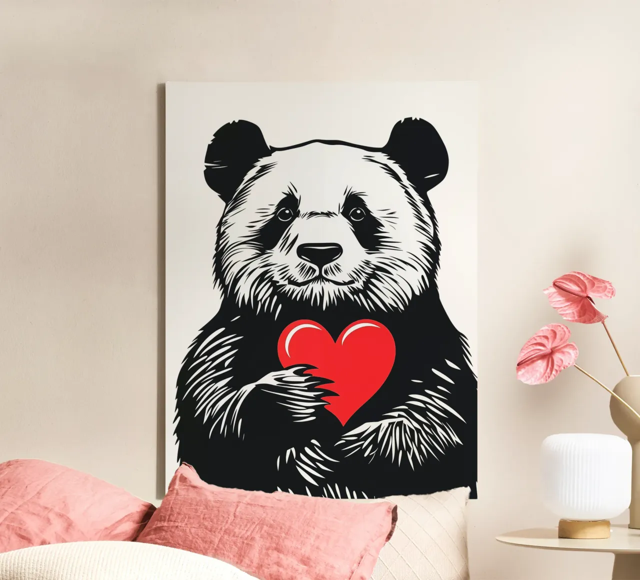 Panda bianco e nero con cuore rosso tela con Cornice a cassetta da Autofocus