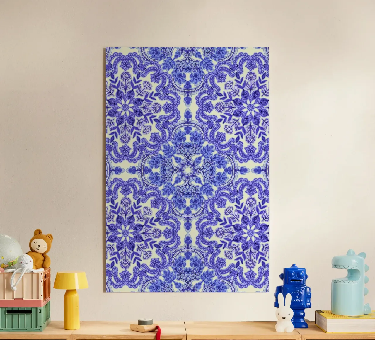 Blue & White Folk Art Pattern acrylic glass by Micklyn Le Feuvre
