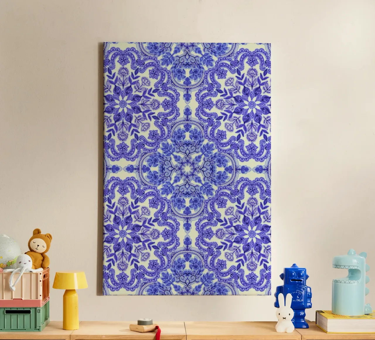 Blue & White Folk Art Pattern tela con Cornice a cassetta da Micklyn Le Feuvre